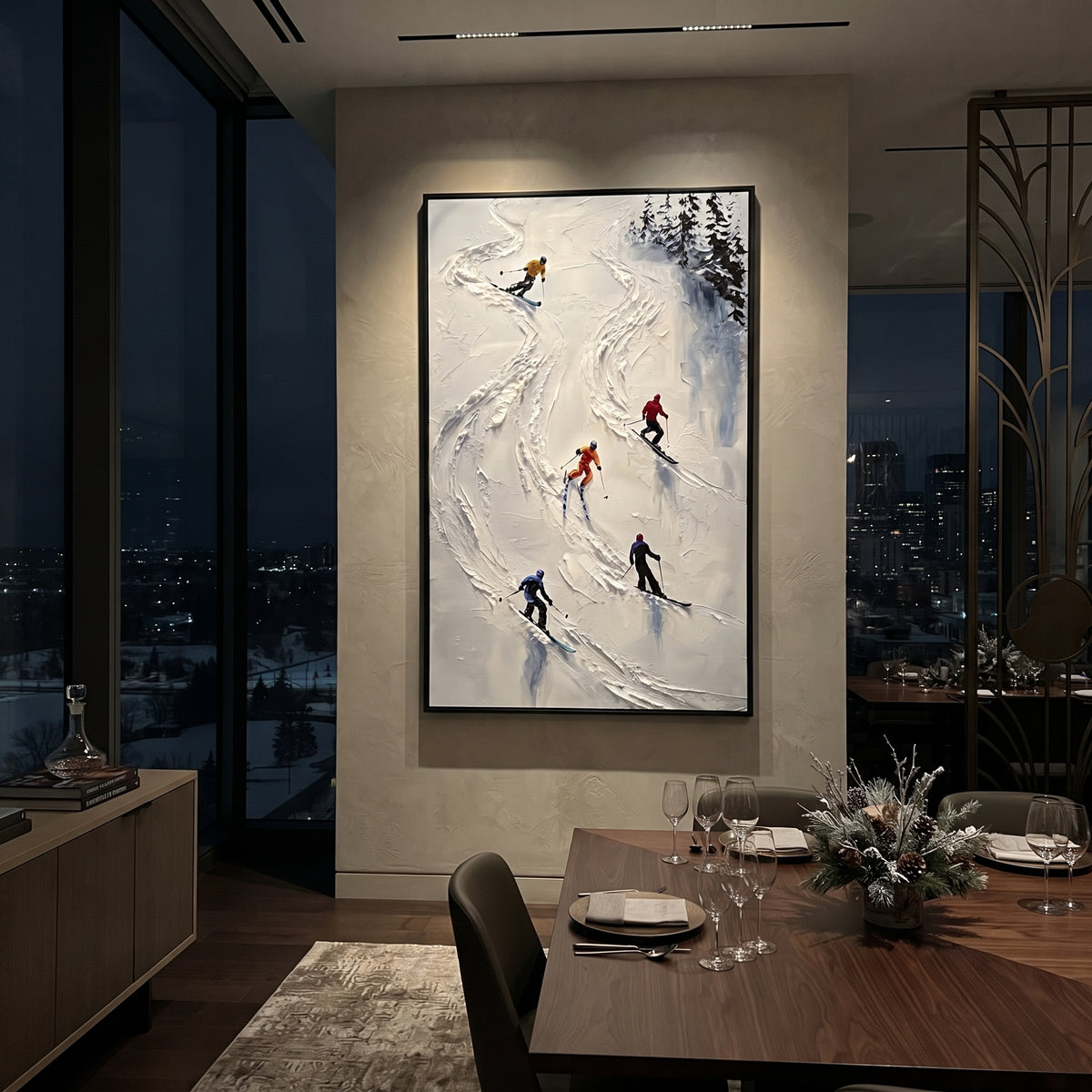 Crystal Powder Path focuses on a forest-framed ski descent with clustered pines and winding carved tracks. The artwork shows a winter ski scene built from the actual image: visible downhill figures, curved snow tracks, raised ridgelines, and alpine space arranged in a tall composition. The white, blue, gray palette gives the piece a cold mountain atmosphere while the thick impasto surface creates shadows along each snowbank, ski line, and textured ridge. This is presented as hand-painted