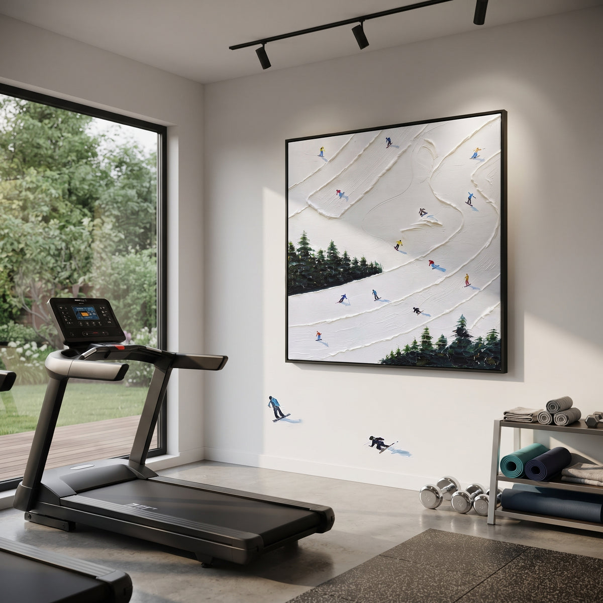 Birch Ski Valley focuses on a calm mountain basin with crisp tracks, snow shelves, and small skiers. The artwork shows a winter ski scene built from the actual image: visible downhill figures, curved snow tracks, raised ridgelines, and alpine space arranged in a balanced composition. The white, gray, blue palette gives the piece a cold mountain atmosphere while the thick impasto surface creates shadows along each snowbank, ski line, and textured ridge. This is presented as hand-painted textured
