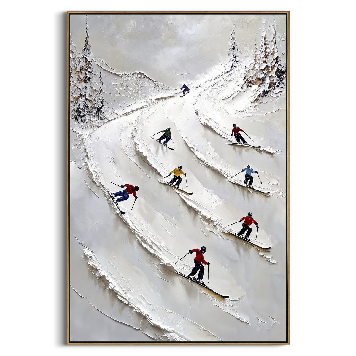 Highland Pine Slope focuses on layered snow ridges, visible ski marks, and a quiet pine border. The artwork shows a winter ski scene built from the actual image: visible downhill figures, curved snow tracks, raised ridgelines, and alpine space arranged in a tall composition. The white, black, gray palette gives the piece a cold mountain atmosphere while the thick impasto surface creates shadows along each snowbank, ski line, and textured ridge. This is presented as hand-painted textured canvas