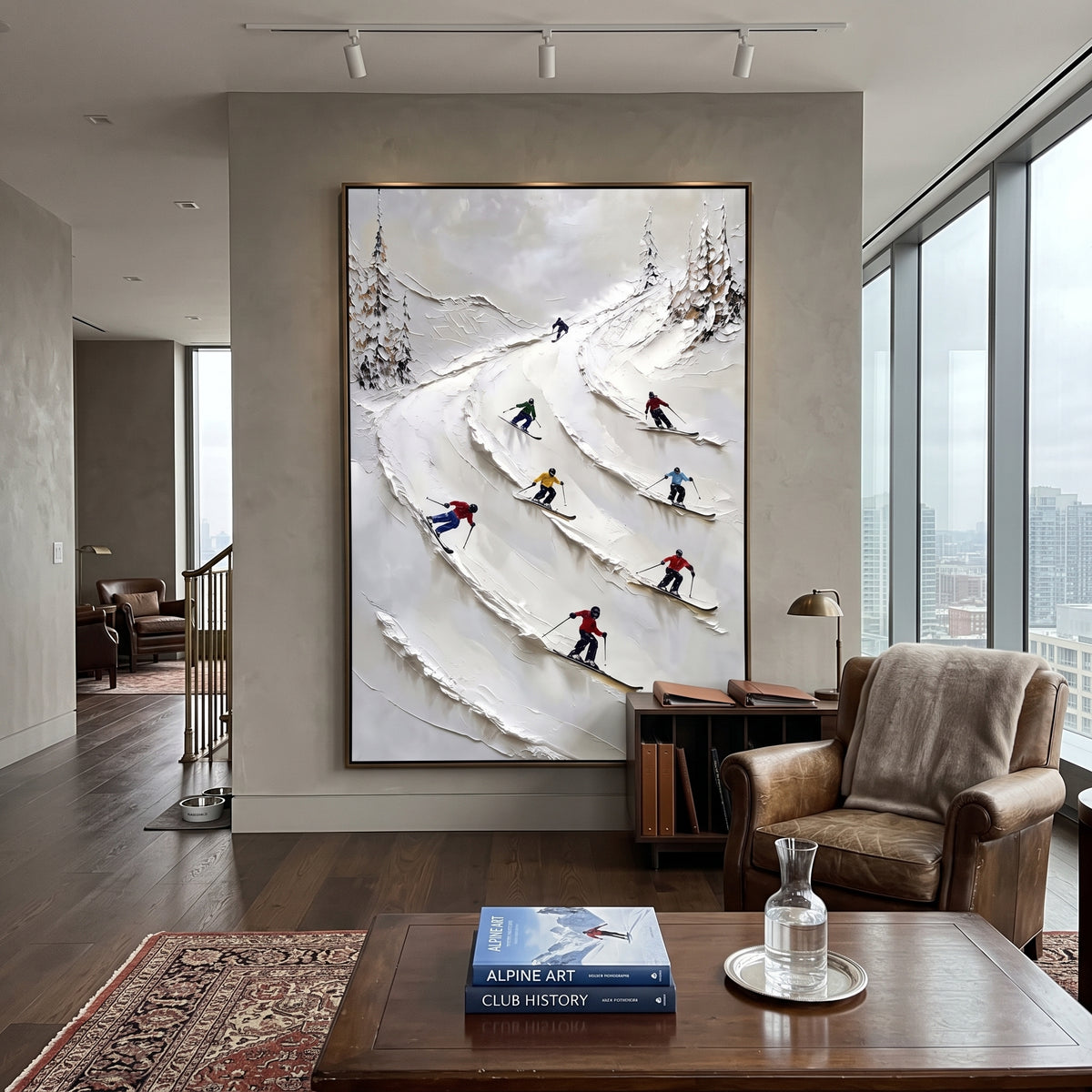 Highland Pine Slope focuses on layered snow ridges, visible ski marks, and a quiet pine border. The artwork shows a winter ski scene built from the actual image: visible downhill figures, curved snow tracks, raised ridgelines, and alpine space arranged in a tall composition. The white, black, gray palette gives the piece a cold mountain atmosphere while the thick impasto surface creates shadows along each snowbank, ski line, and textured ridge. This is presented as hand-painted textured canvas