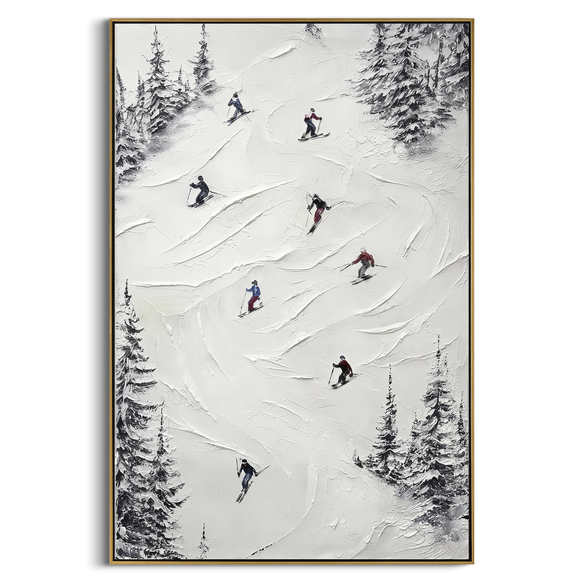 Misty Snow Basin focuses on distant peaks, white powder banks, and raised palette-knife terrain. The artwork shows a winter ski scene built from the actual image: visible downhill figures, curved snow tracks, raised ridgelines, and alpine space arranged in a tall composition. The white, black, gray palette gives the piece a cold mountain atmosphere while the thick impasto surface creates shadows along each snowbank, ski line, and textured ridge. This is presented as hand-painted textured canvas