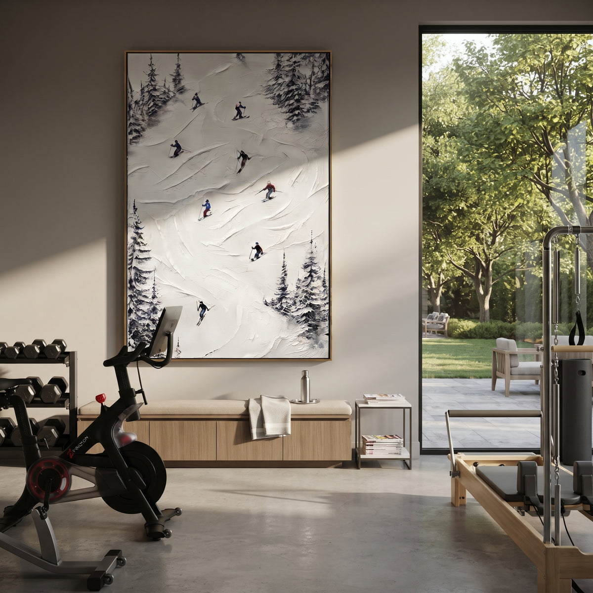 Misty Snow Basin focuses on distant peaks, white powder banks, and raised palette-knife terrain. The artwork shows a winter ski scene built from the actual image: visible downhill figures, curved snow tracks, raised ridgelines, and alpine space arranged in a tall composition. The white, black, gray palette gives the piece a cold mountain atmosphere while the thick impasto surface creates shadows along each snowbank, ski line, and textured ridge. This is presented as hand-painted textured canvas