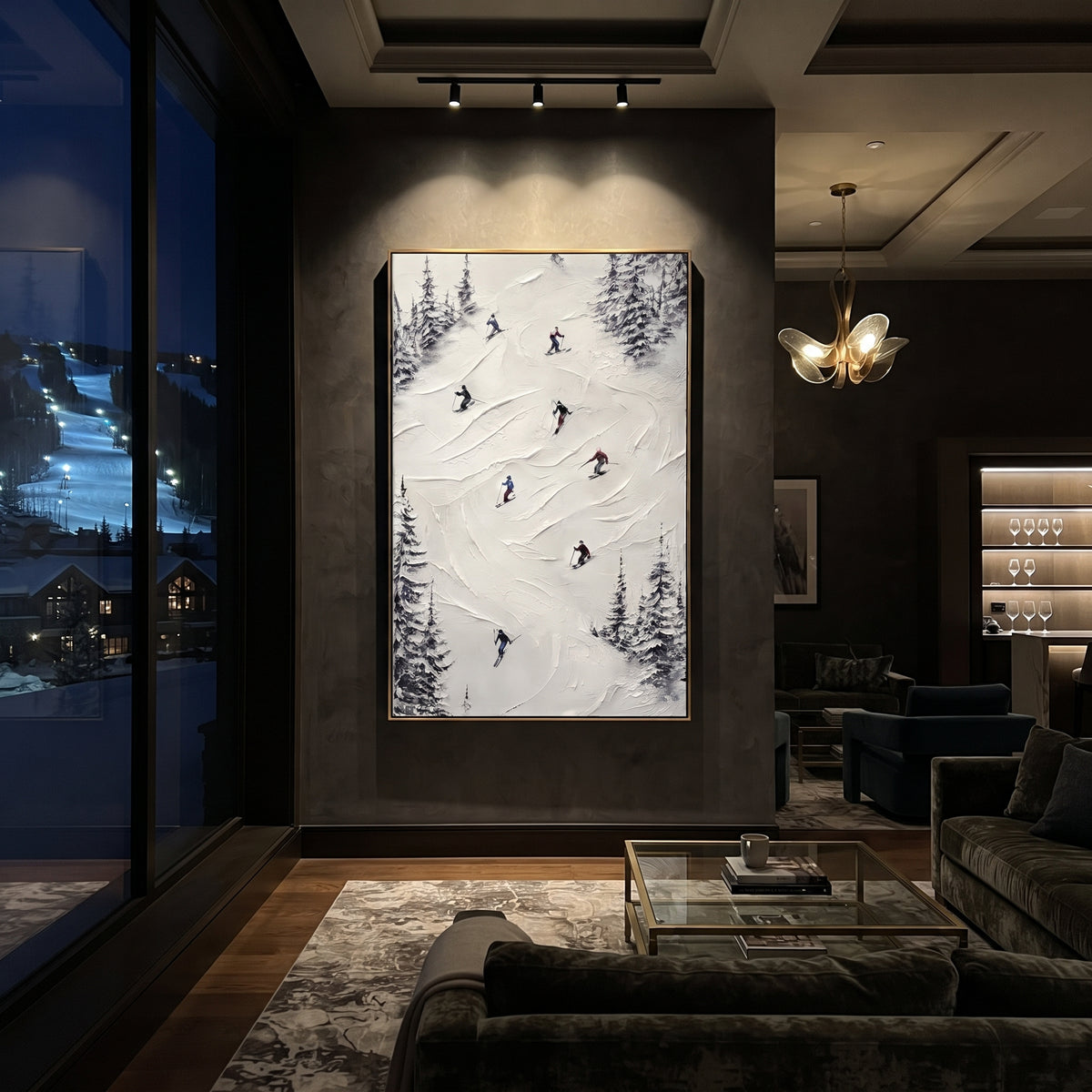 Misty Snow Basin focuses on distant peaks, white powder banks, and raised palette-knife terrain. The artwork shows a winter ski scene built from the actual image: visible downhill figures, curved snow tracks, raised ridgelines, and alpine space arranged in a tall composition. The white, black, gray palette gives the piece a cold mountain atmosphere while the thick impasto surface creates shadows along each snowbank, ski line, and textured ridge. This is presented as hand-painted textured canvas