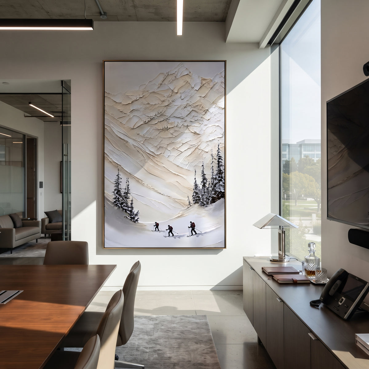 Crisp Texture Run focuses on a calm mountain basin with crisp tracks, snow shelves, and small skiers. The artwork shows a winter ski scene built from the actual image: visible downhill figures, curved snow tracks, raised ridgelines, and alpine space arranged in a tall composition. The blue, white, orange palette gives the piece a cold mountain atmosphere while the thick impasto surface creates shadows along each snowbank, ski line, and textured ridge. This is presented as hand-painted textured
