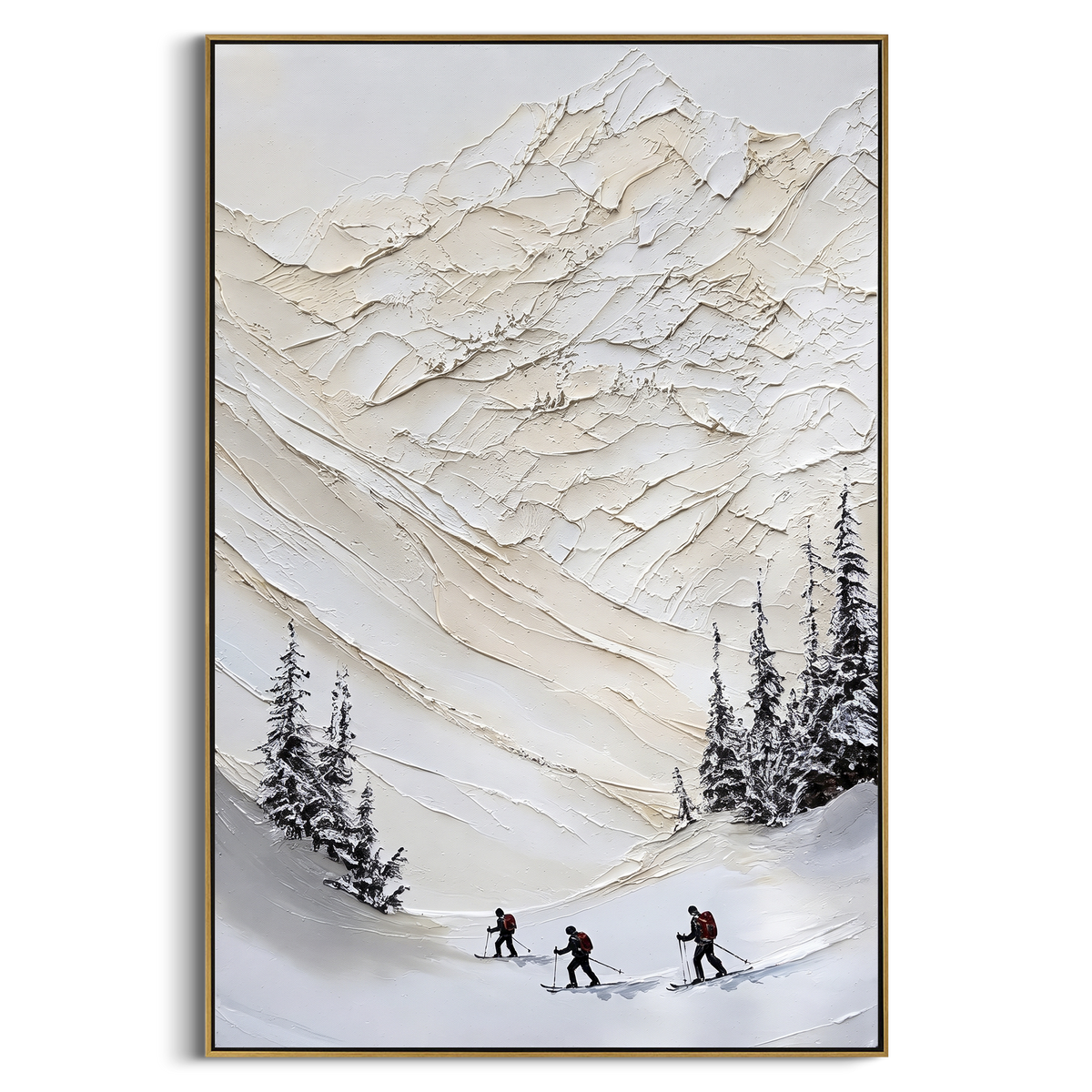 Crisp Texture Run focuses on a calm mountain basin with crisp tracks, snow shelves, and small skiers. The artwork shows a winter ski scene built from the actual image: visible downhill figures, curved snow tracks, raised ridgelines, and alpine space arranged in a tall composition. The blue, white, orange palette gives the piece a cold mountain atmosphere while the thick impasto surface creates shadows along each snowbank, ski line, and textured ridge. This is presented as hand-painted textured