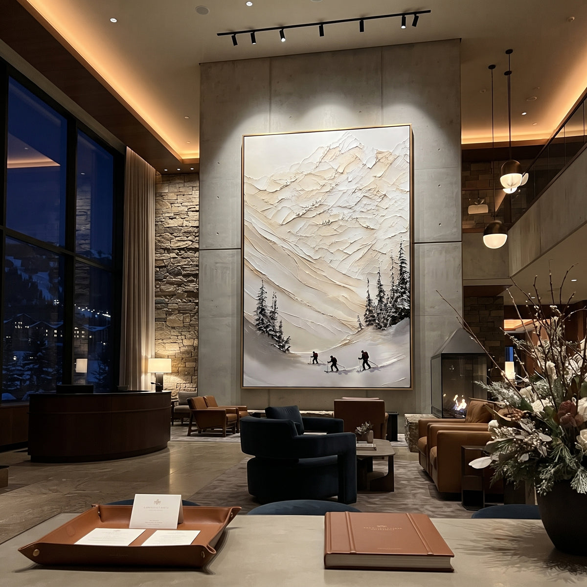 Crisp Texture Run focuses on a calm mountain basin with crisp tracks, snow shelves, and small skiers. The artwork shows a winter ski scene built from the actual image: visible downhill figures, curved snow tracks, raised ridgelines, and alpine space arranged in a tall composition. The blue, white, orange palette gives the piece a cold mountain atmosphere while the thick impasto surface creates shadows along each snowbank, ski line, and textured ridge. This is presented as hand-painted textured