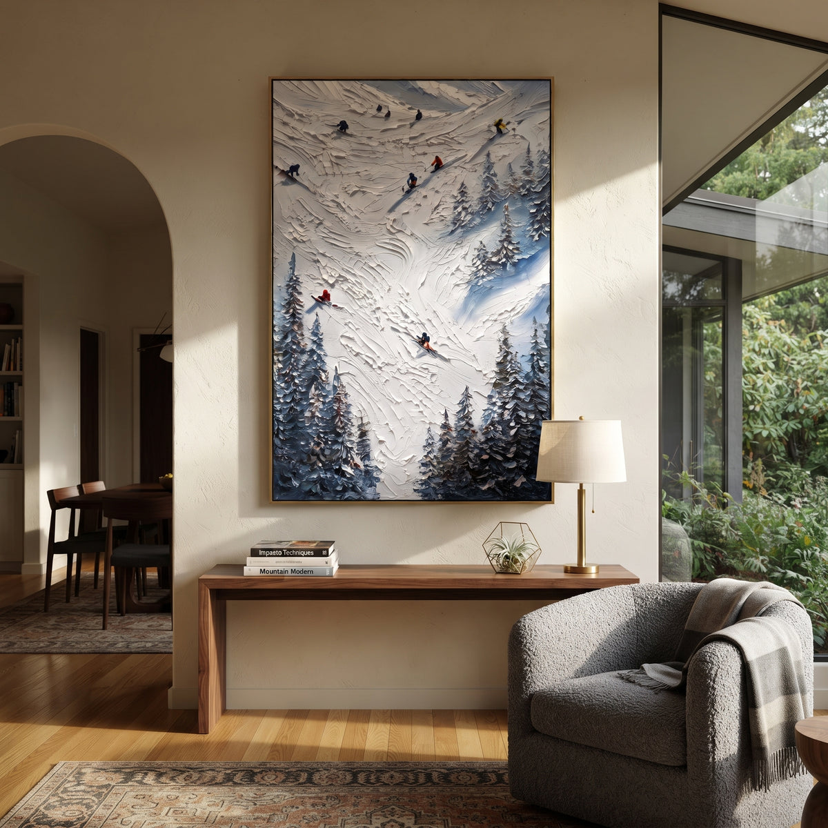 Slope Ridge Skiers focuses on colored skiers crossing raised white snow tracks between dark pine edges. The artwork shows a winter ski scene built from the actual image: visible downhill figures, curved snow tracks, raised ridgelines, and alpine space arranged in a tall composition. The white, blue, gray palette gives the piece a cold mountain atmosphere while the thick impasto surface creates shadows along each snowbank, ski line, and textured ridge. This is presented as hand-painted textured