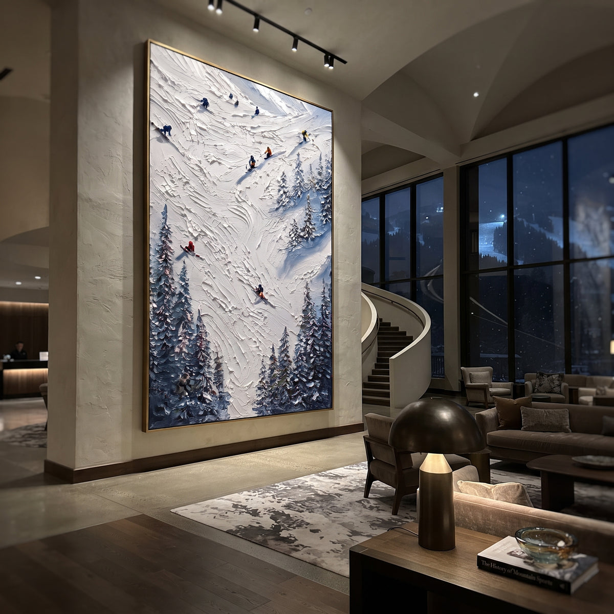 Slope Ridge Skiers focuses on colored skiers crossing raised white snow tracks between dark pine edges. The artwork shows a winter ski scene built from the actual image: visible downhill figures, curved snow tracks, raised ridgelines, and alpine space arranged in a tall composition. The white, blue, gray palette gives the piece a cold mountain atmosphere while the thick impasto surface creates shadows along each snowbank, ski line, and textured ridge. This is presented as hand-painted textured