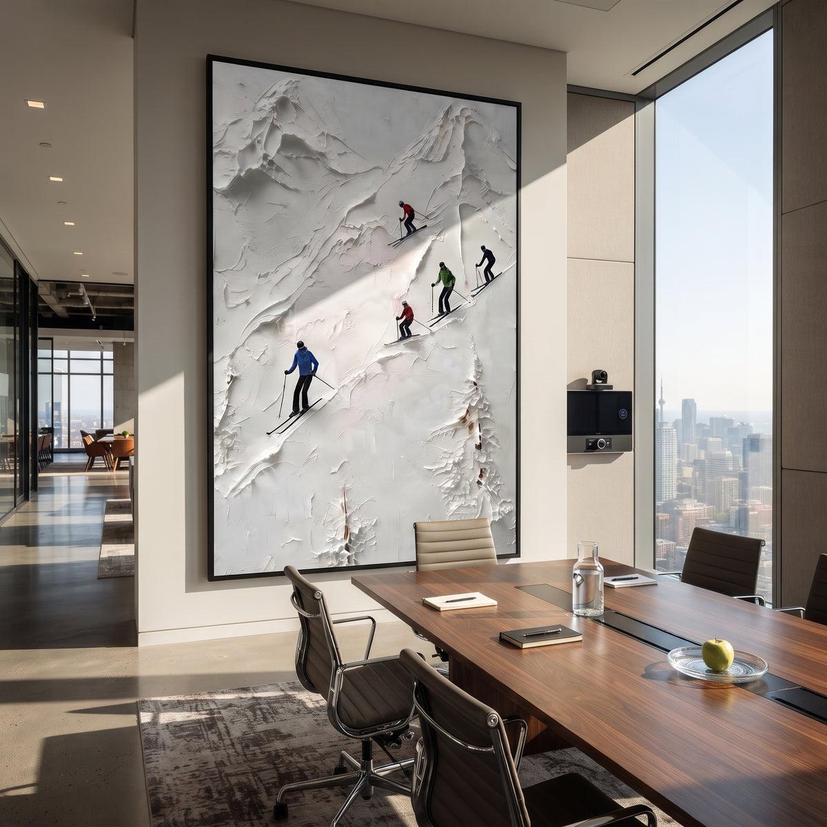 Trail Snow Corridors With Pine Shadows focuses on a forest-framed ski descent with clustered pines and winding carved tracks. The artwork shows a winter ski scene built from the actual image: visible downhill figures, curved snow tracks, raised ridgelines, and alpine space arranged in a tall composition. The white, green, blue palette gives the piece a cold mountain atmosphere while the thick impasto surface creates shadows along each snowbank, ski line, and textured ridge. This is presented as