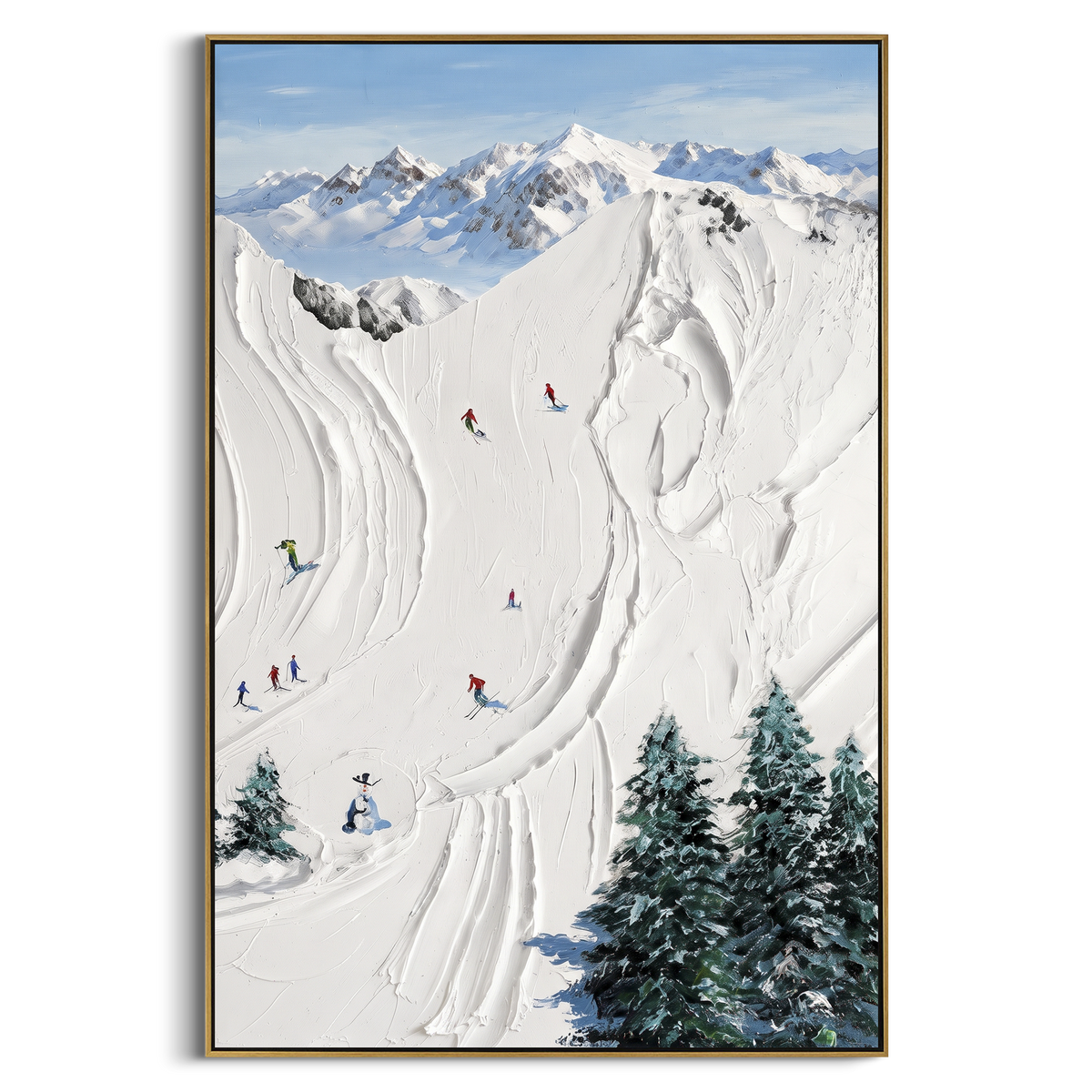 Liftline Snow Trail focuses on a calm mountain basin with crisp tracks, snow shelves, and small skiers. The artwork shows a winter ski scene built from the actual image: visible downhill figures, curved snow tracks, raised ridgelines, and alpine space arranged in a tall composition. The white, black, gray palette gives the piece a cold mountain atmosphere while the thick impasto surface creates shadows along each snowbank, ski line, and textured ridge. This is presented as hand-painted textured
