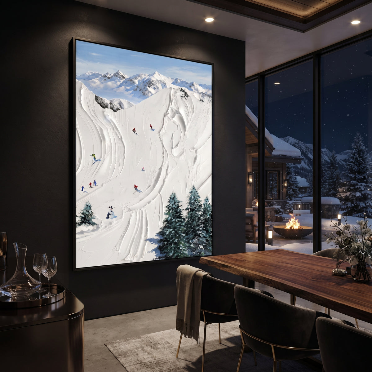 Liftline Snow Trail focuses on a calm mountain basin with crisp tracks, snow shelves, and small skiers. The artwork shows a winter ski scene built from the actual image: visible downhill figures, curved snow tracks, raised ridgelines, and alpine space arranged in a tall composition. The white, black, gray palette gives the piece a cold mountain atmosphere while the thick impasto surface creates shadows along each snowbank, ski line, and textured ridge. This is presented as hand-painted textured
