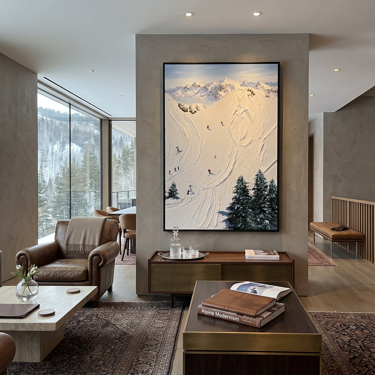 Liftline Snow Trail focuses on a calm mountain basin with crisp tracks, snow shelves, and small skiers. The artwork shows a winter ski scene built from the actual image: visible downhill figures, curved snow tracks, raised ridgelines, and alpine space arranged in a tall composition. The white, black, gray palette gives the piece a cold mountain atmosphere while the thick impasto surface creates shadows along each snowbank, ski line, and textured ridge. This is presented as hand-painted textured