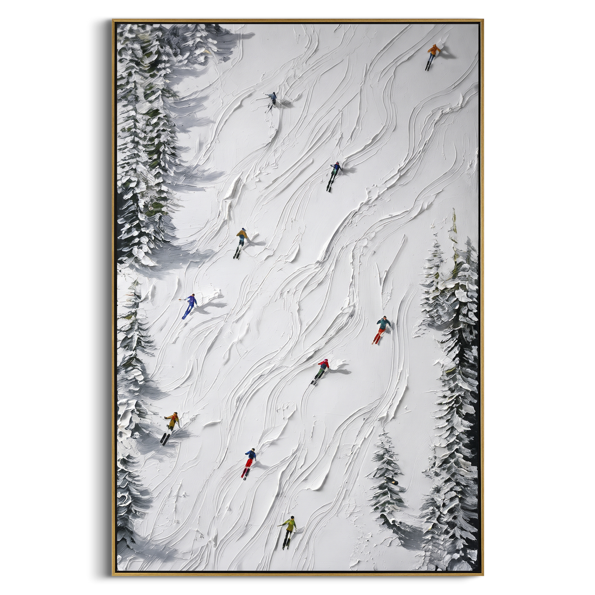 Fresh Ski Traverse focuses on layered snow ridges, visible ski marks, and a quiet pine border. The artwork shows a winter ski scene built from the actual image: visible downhill figures, curved snow tracks, raised ridgelines, and alpine space arranged in a tall composition. The blue, white, orange palette gives the piece a cold mountain atmosphere while the thick impasto surface creates shadows along each snowbank, ski line, and textured ridge. This is presented as hand-painted textured canvas