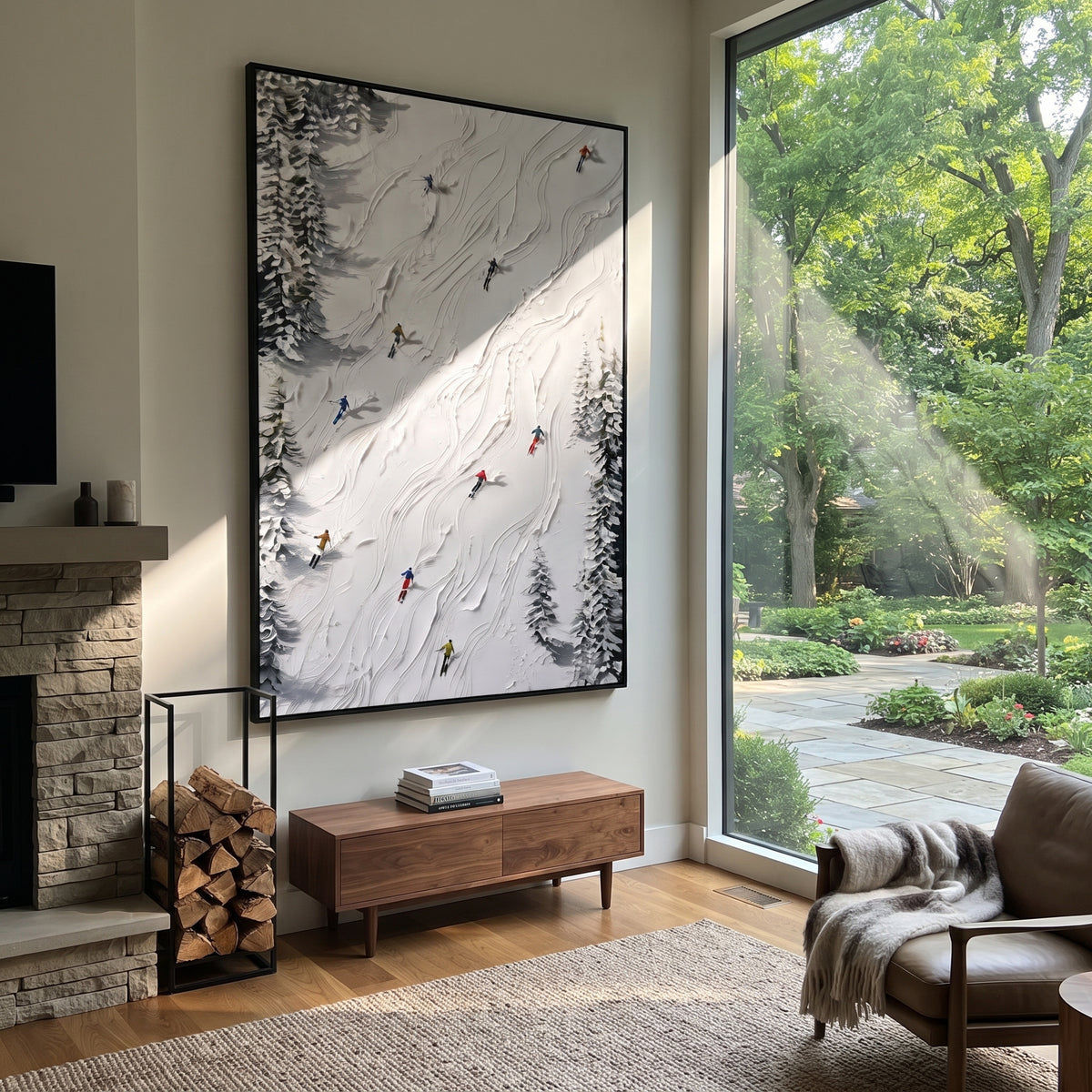 Fresh Ski Traverse focuses on layered snow ridges, visible ski marks, and a quiet pine border. The artwork shows a winter ski scene built from the actual image: visible downhill figures, curved snow tracks, raised ridgelines, and alpine space arranged in a tall composition. The blue, white, orange palette gives the piece a cold mountain atmosphere while the thick impasto surface creates shadows along each snowbank, ski line, and textured ridge. This is presented as hand-painted textured canvas