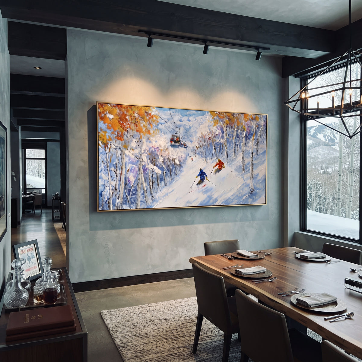 Golden Birch Ski Run focuses on two bright skiers cutting through yellowen birch trees in a snowy corridor. The artwork shows a winter ski scene built from the actual image: visible downhill figures, curved snow tracks, raised ridgelines, and alpine space arranged in a wide composition. The yellow, blue, white palette gives the piece a cold mountain atmosphere while the thick impasto surface creates shadows along each snowbank, ski line, and textured ridge. This is presented as hand-painted