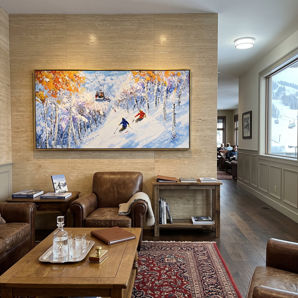Golden Birch Ski Run focuses on two bright skiers cutting through yellowen birch trees in a snowy corridor. The artwork shows a winter ski scene built from the actual image: visible downhill figures, curved snow tracks, raised ridgelines, and alpine space arranged in a wide composition. The yellow, blue, white palette gives the piece a cold mountain atmosphere while the thick impasto surface creates shadows along each snowbank, ski line, and textured ridge. This is presented as hand-painted