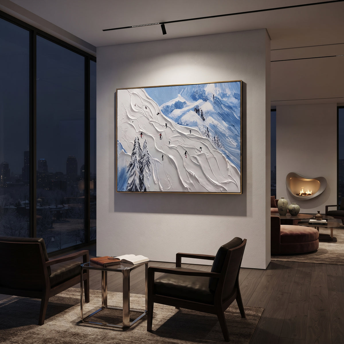 Resort Mountain Run focuses on a calm mountain basin with crisp tracks, snow shelves, and small skiers. The artwork shows a winter ski scene built from the actual image: visible downhill figures, curved snow tracks, raised ridgelines, and alpine space arranged in a wide composition. The white, gray, blue palette gives the piece a cold mountain atmosphere while the thick impasto surface creates shadows along each snowbank, ski line, and textured ridge. This is presented as hand-painted textured