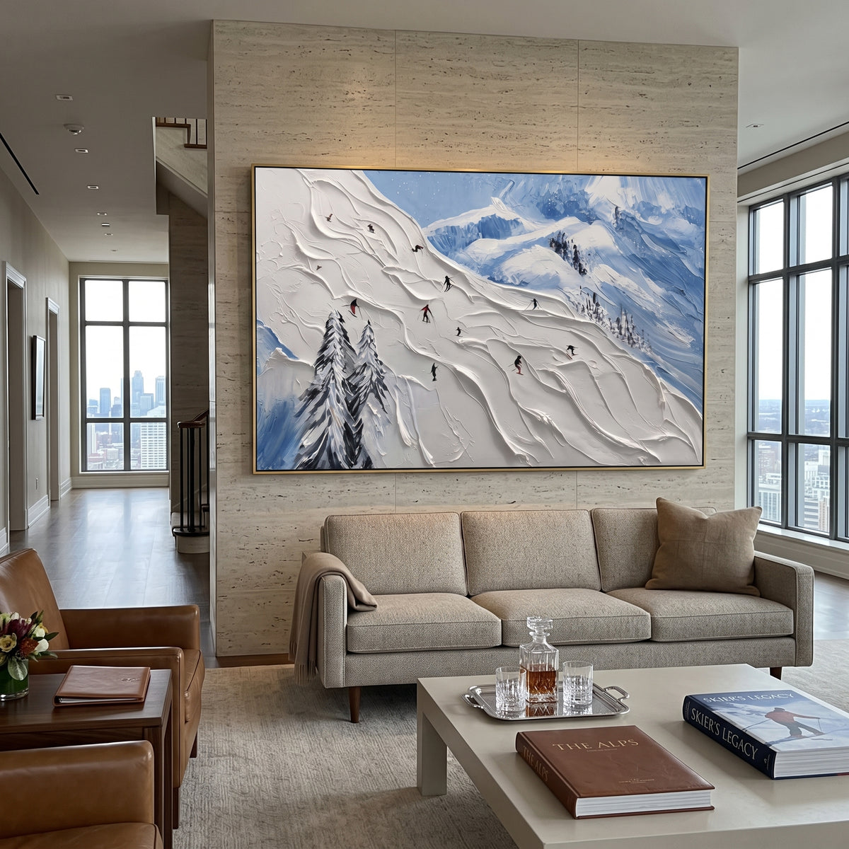 Resort Mountain Run focuses on a calm mountain basin with crisp tracks, snow shelves, and small skiers. The artwork shows a winter ski scene built from the actual image: visible downhill figures, curved snow tracks, raised ridgelines, and alpine space arranged in a wide composition. The white, gray, blue palette gives the piece a cold mountain atmosphere while the thick impasto surface creates shadows along each snowbank, ski line, and textured ridge. This is presented as hand-painted textured