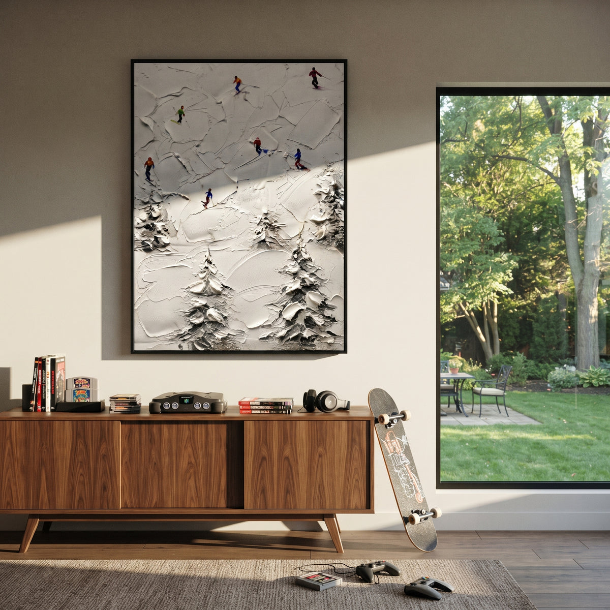 Mountain Winter Slope focuses on colored skiers crossing raised white snow tracks between dark pine edges. The artwork shows a winter ski scene built from the actual image: visible downhill figures, curved snow tracks, raised ridgelines, and alpine space arranged in a tall composition. The white, green, blue palette gives the piece a cold mountain atmosphere while the thick impasto surface creates shadows along each snowbank, ski line, and textured ridge. This is presented as hand-painted