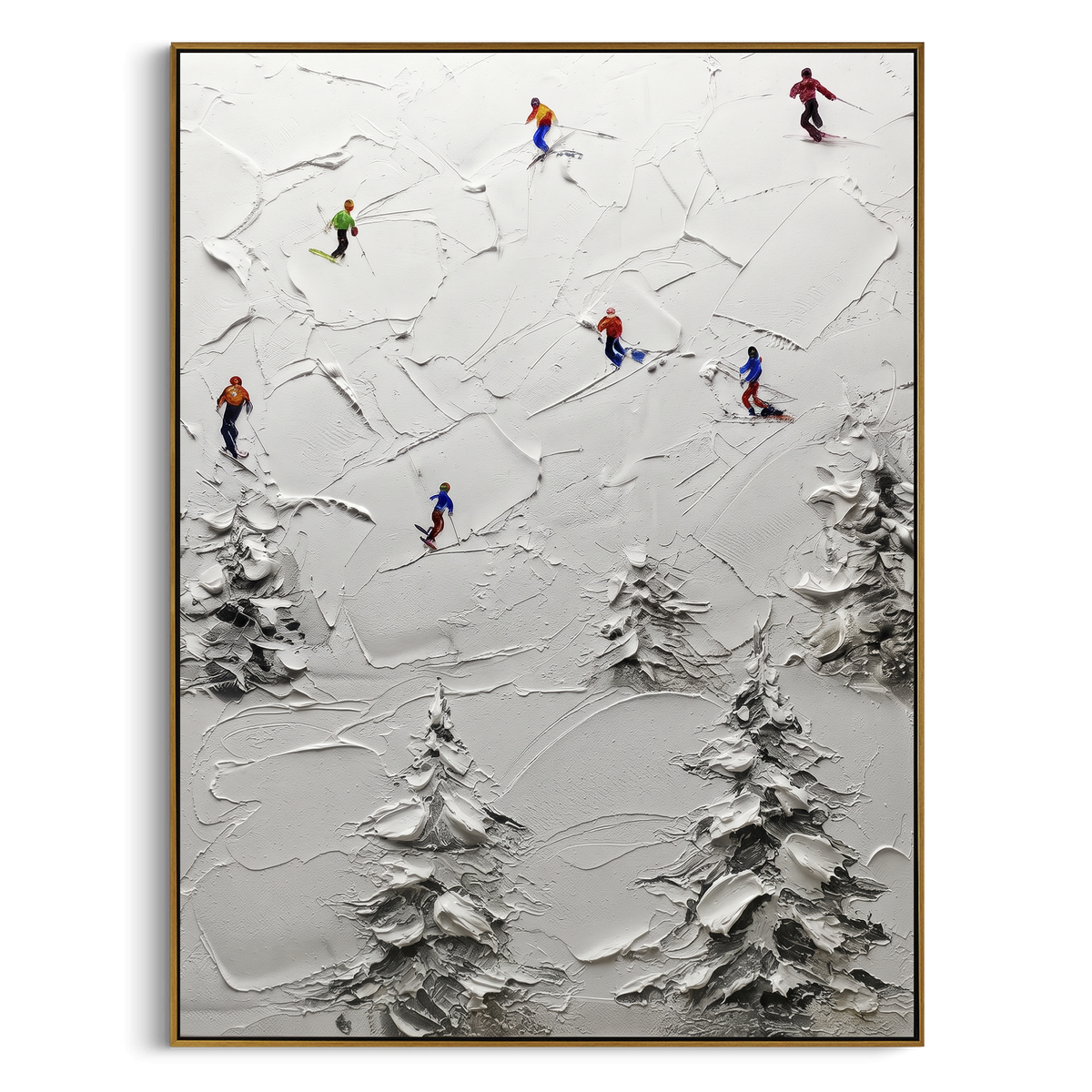 Mountain Winter Slope focuses on colored skiers crossing raised white snow tracks between dark pine edges. The artwork shows a winter ski scene built from the actual image: visible downhill figures, curved snow tracks, raised ridgelines, and alpine space arranged in a tall composition. The white, green, blue palette gives the piece a cold mountain atmosphere while the thick impasto surface creates shadows along each snowbank, ski line, and textured ridge. This is presented as hand-painted