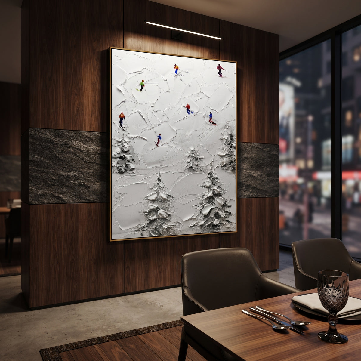 Mountain Winter Slope focuses on colored skiers crossing raised white snow tracks between dark pine edges. The artwork shows a winter ski scene built from the actual image: visible downhill figures, curved snow tracks, raised ridgelines, and alpine space arranged in a tall composition. The white, green, blue palette gives the piece a cold mountain atmosphere while the thick impasto surface creates shadows along each snowbank, ski line, and textured ridge. This is presented as hand-painted