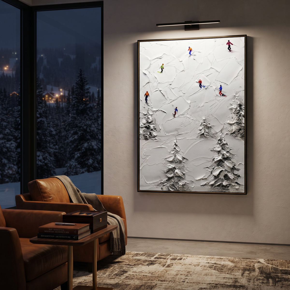Mountain Winter Slope focuses on colored skiers crossing raised white snow tracks between dark pine edges. The artwork shows a winter ski scene built from the actual image: visible downhill figures, curved snow tracks, raised ridgelines, and alpine space arranged in a tall composition. The white, green, blue palette gives the piece a cold mountain atmosphere while the thick impasto surface creates shadows along each snowbank, ski line, and textured ridge. This is presented as hand-painted