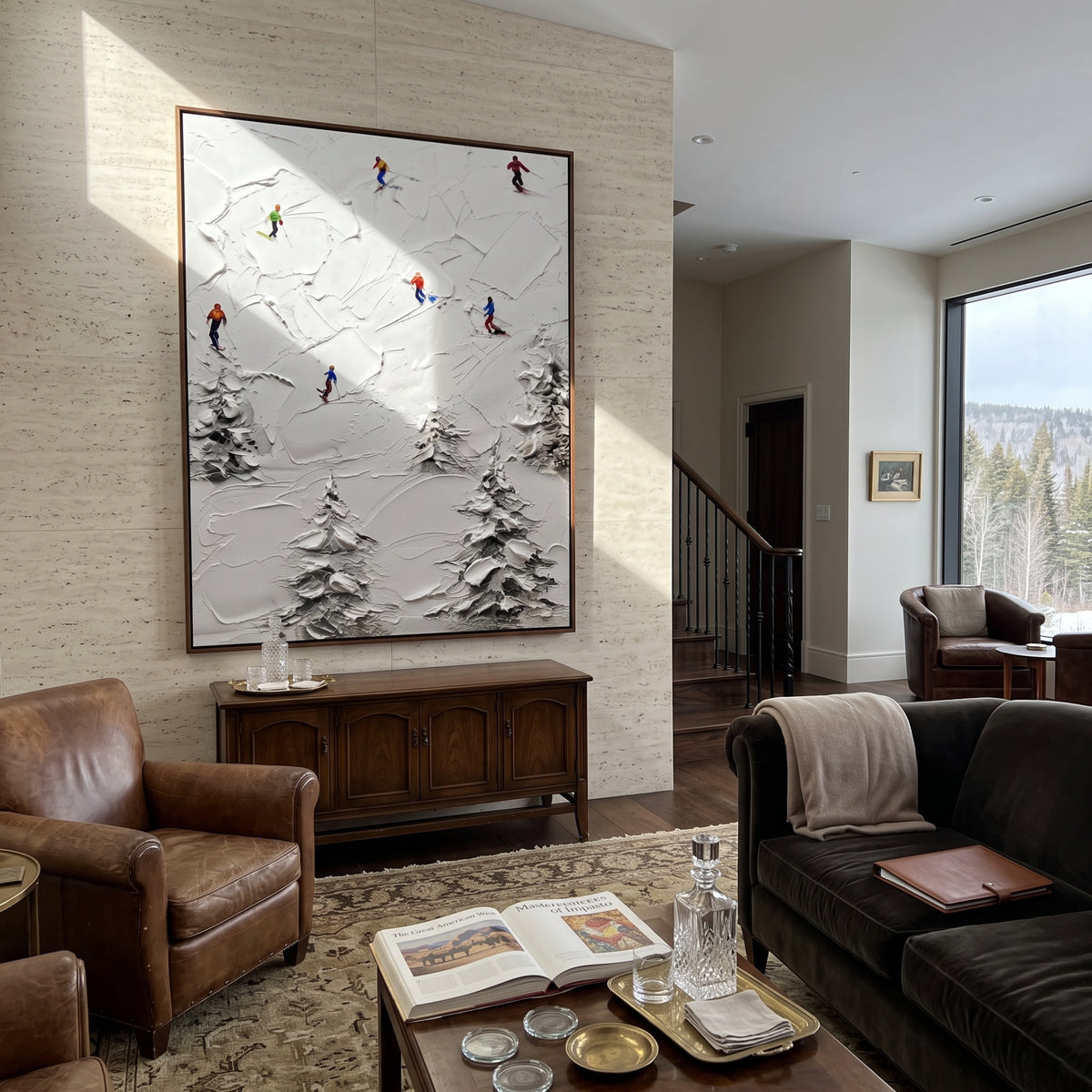 Mountain Winter Slope focuses on colored skiers crossing raised white snow tracks between dark pine edges. The artwork shows a winter ski scene built from the actual image: visible downhill figures, curved snow tracks, raised ridgelines, and alpine space arranged in a tall composition. The white, green, blue palette gives the piece a cold mountain atmosphere while the thick impasto surface creates shadows along each snowbank, ski line, and textured ridge. This is presented as hand-painted