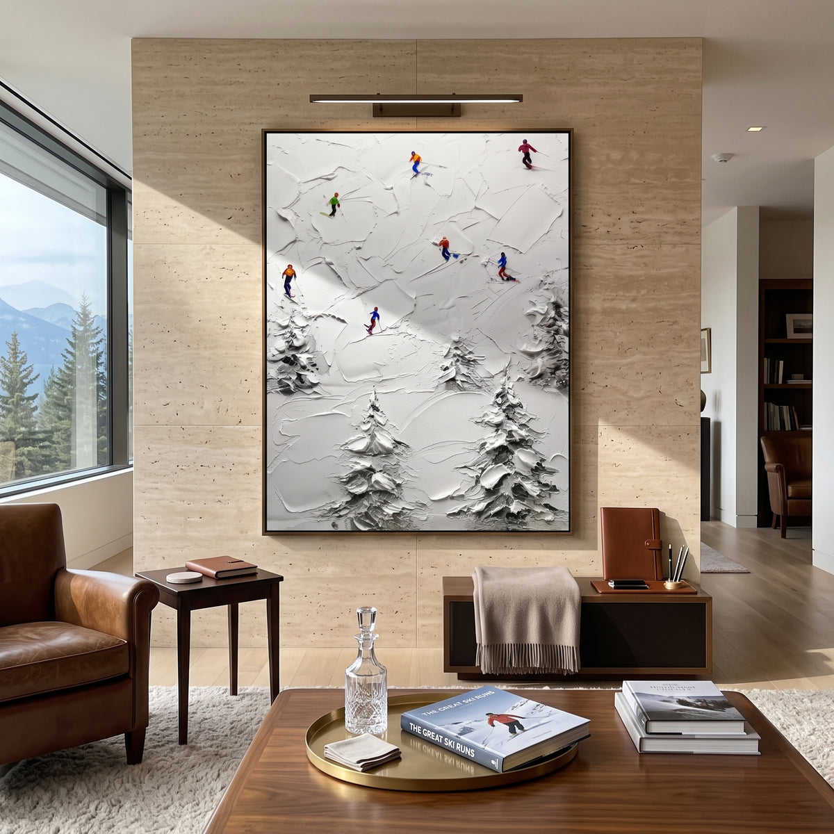 Mountain Winter Slope focuses on colored skiers crossing raised white snow tracks between dark pine edges. The artwork shows a winter ski scene built from the actual image: visible downhill figures, curved snow tracks, raised ridgelines, and alpine space arranged in a tall composition. The white, green, blue palette gives the piece a cold mountain atmosphere while the thick impasto surface creates shadows along each snowbank, ski line, and textured ridge. This is presented as hand-painted