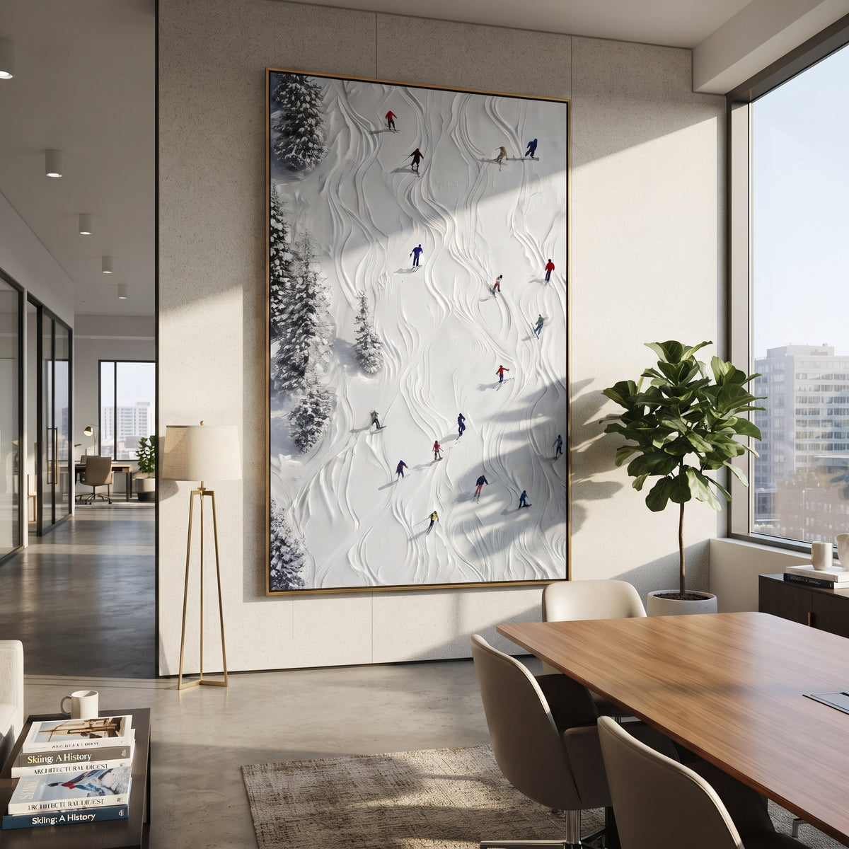 Forest Skiers focuses on tiny red, blue, and yellow skiers scattered across a sculpted alpine slope. The artwork shows a winter ski scene built from the actual image: visible downhill figures, curved snow tracks, raised ridgelines, and alpine space arranged in a tall composition. The white, green, blue palette gives the piece a cold mountain atmosphere while the thick impasto surface creates shadows along each snowbank, ski line, and textured ridge. This is presented as hand-painted textured