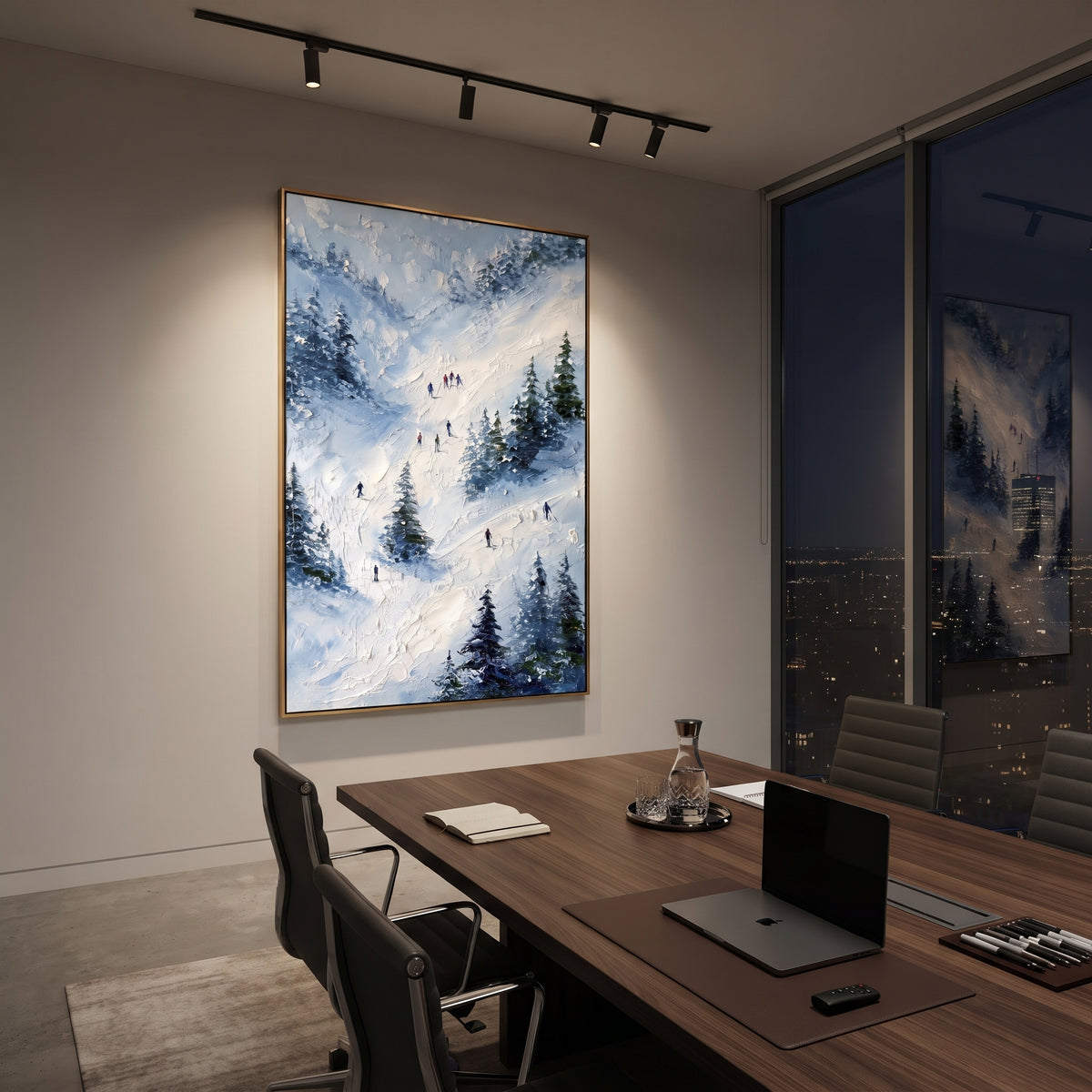 Powder Ski Valley focuses on a calm mountain basin with crisp tracks, snow shelves, and small skiers. The artwork shows a winter ski scene built from the actual image: visible downhill figures, curved snow tracks, raised ridgelines, and alpine space arranged in a tall composition. The blue, white, orange palette gives the piece a cold mountain atmosphere while the thick impasto surface creates shadows along each snowbank, ski line, and textured ridge. This is presented as hand-painted textured