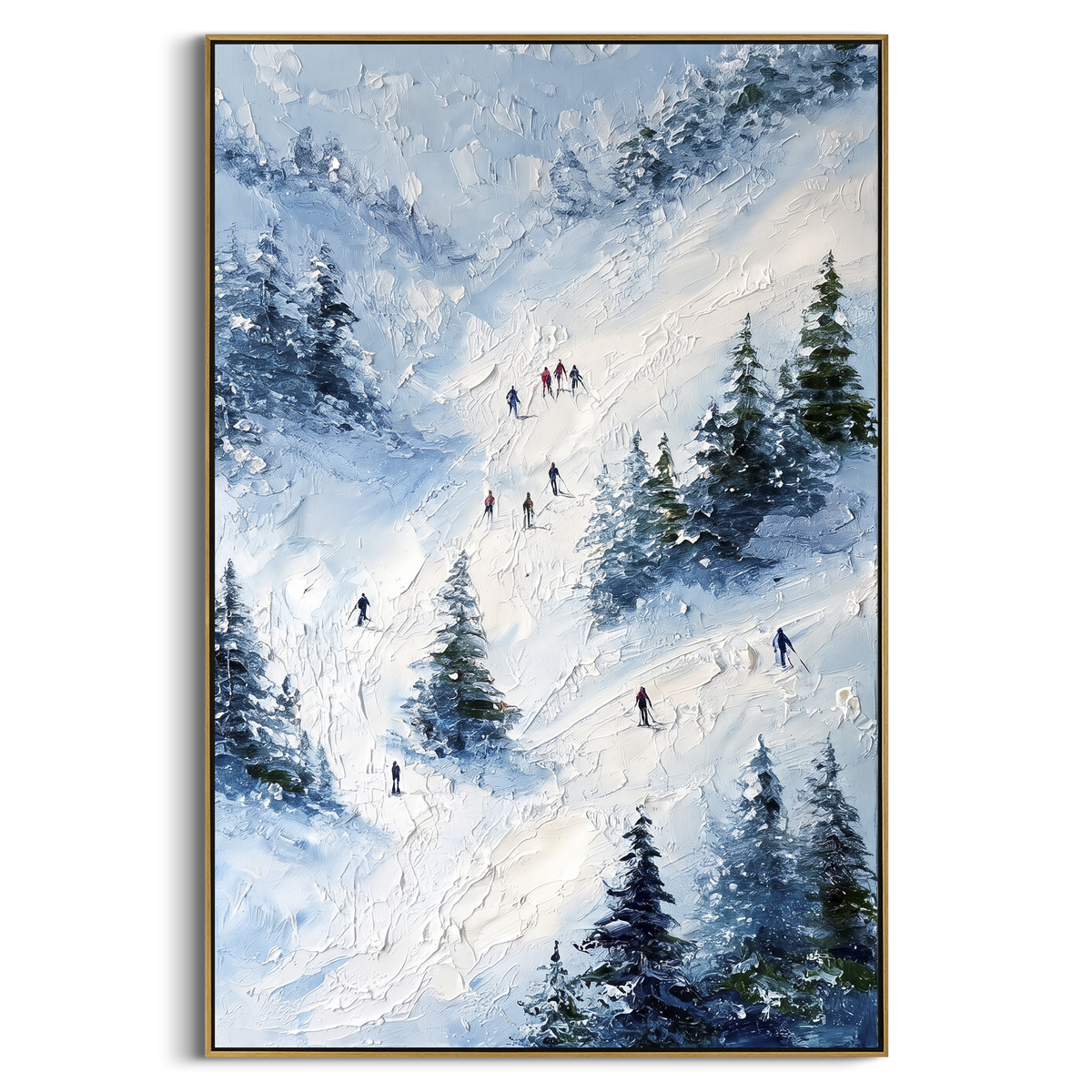 Powder Ski Valley focuses on a calm mountain basin with crisp tracks, snow shelves, and small skiers. The artwork shows a winter ski scene built from the actual image: visible downhill figures, curved snow tracks, raised ridgelines, and alpine space arranged in a tall composition. The blue, white, orange palette gives the piece a cold mountain atmosphere while the thick impasto surface creates shadows along each snowbank, ski line, and textured ridge. This is presented as hand-painted textured