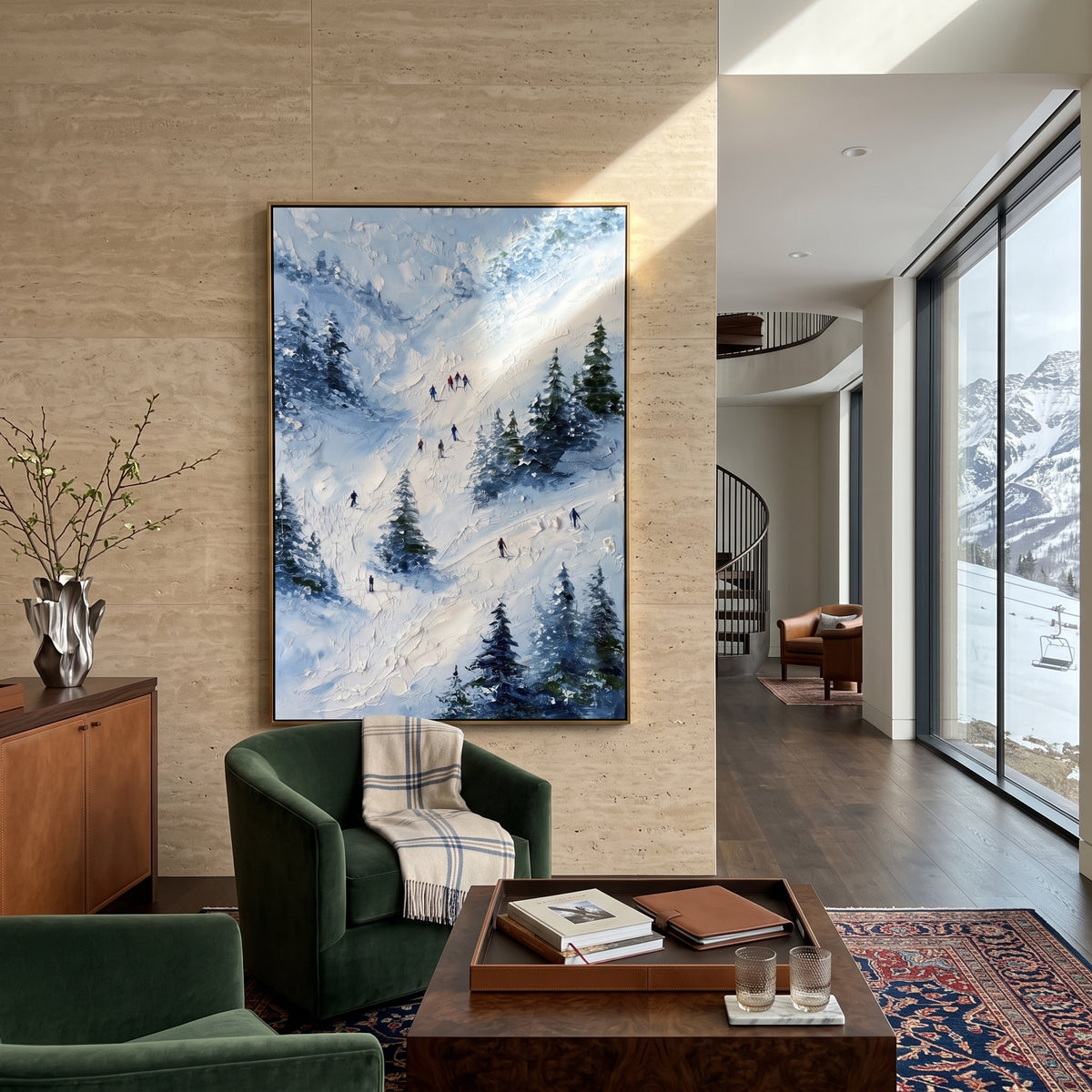 Powder Ski Valley focuses on a calm mountain basin with crisp tracks, snow shelves, and small skiers. The artwork shows a winter ski scene built from the actual image: visible downhill figures, curved snow tracks, raised ridgelines, and alpine space arranged in a tall composition. The blue, white, orange palette gives the piece a cold mountain atmosphere while the thick impasto surface creates shadows along each snowbank, ski line, and textured ridge. This is presented as hand-painted textured