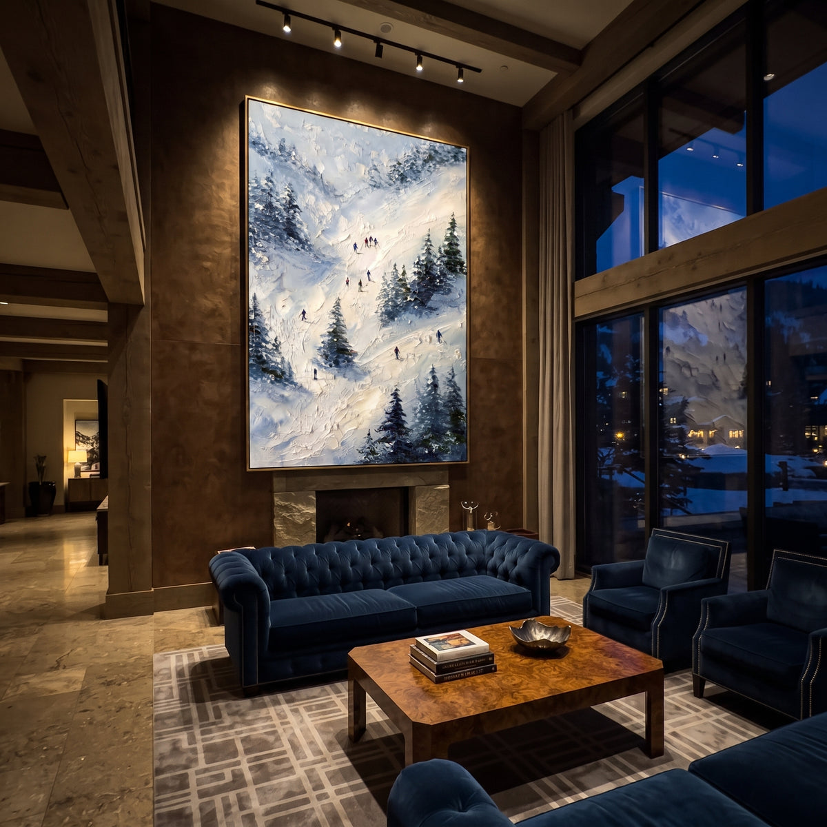 Powder Ski Valley focuses on a calm mountain basin with crisp tracks, snow shelves, and small skiers. The artwork shows a winter ski scene built from the actual image: visible downhill figures, curved snow tracks, raised ridgelines, and alpine space arranged in a tall composition. The blue, white, orange palette gives the piece a cold mountain atmosphere while the thick impasto surface creates shadows along each snowbank, ski line, and textured ridge. This is presented as hand-painted textured