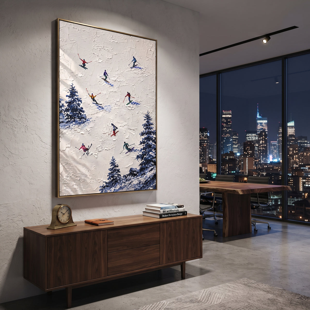 Snowfield Skiers With Blue Tracks focuses on colored skiers crossing raised white snow tracks between dark pine edges. The artwork shows a winter ski scene built from the actual image: visible downhill figures, curved snow tracks, raised ridgelines, and alpine space arranged in a tall composition. The white, blue, gray palette gives the piece a cold mountain atmosphere while the thick impasto surface creates shadows along each snowbank, ski line, and textured ridge. This is presented as