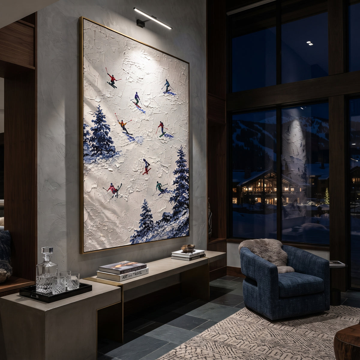 Snowfield Skiers With Blue Tracks focuses on colored skiers crossing raised white snow tracks between dark pine edges. The artwork shows a winter ski scene built from the actual image: visible downhill figures, curved snow tracks, raised ridgelines, and alpine space arranged in a tall composition. The white, blue, gray palette gives the piece a cold mountain atmosphere while the thick impasto surface creates shadows along each snowbank, ski line, and textured ridge. This is presented as