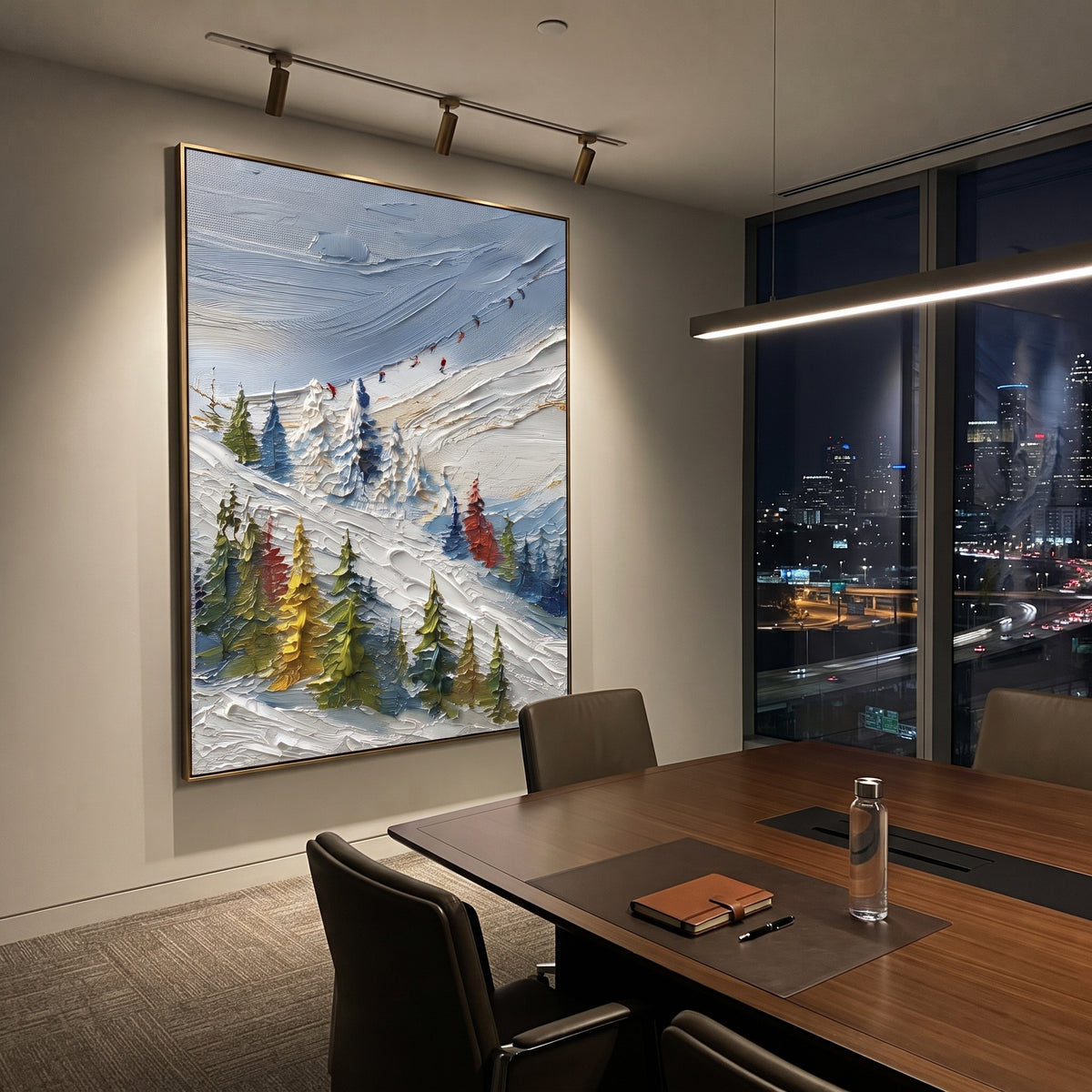 Colored Pine Ski Trail focuses on a diagonal snow trail bordered by yellow, green, and red pines. The artwork shows a winter ski scene built from the actual image: visible downhill figures, curved snow tracks, raised ridgelines, and alpine space arranged in a tall composition. The green, blue, white palette gives the piece a cold mountain atmosphere while the thick impasto surface creates shadows along each snowbank, ski line, and textured ridge. This is presented as hand-painted textured canvas