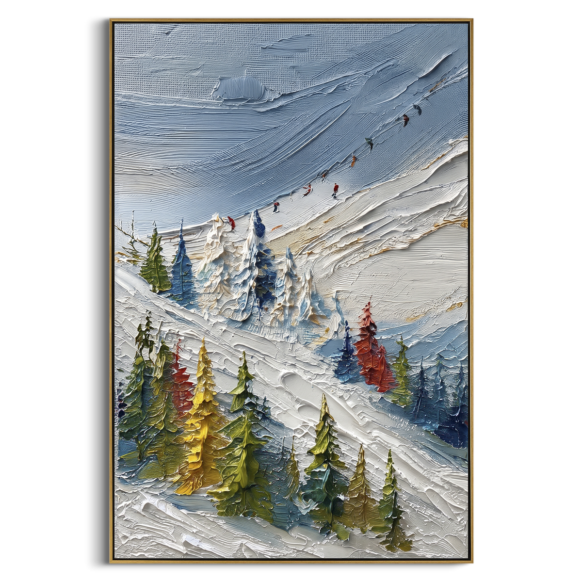 Colored Pine Ski Trail focuses on a diagonal snow trail bordered by yellow, green, and red pines. The artwork shows a winter ski scene built from the actual image: visible downhill figures, curved snow tracks, raised ridgelines, and alpine space arranged in a tall composition. The green, blue, white palette gives the piece a cold mountain atmosphere while the thick impasto surface creates shadows along each snowbank, ski line, and textured ridge. This is presented as hand-painted textured canvas