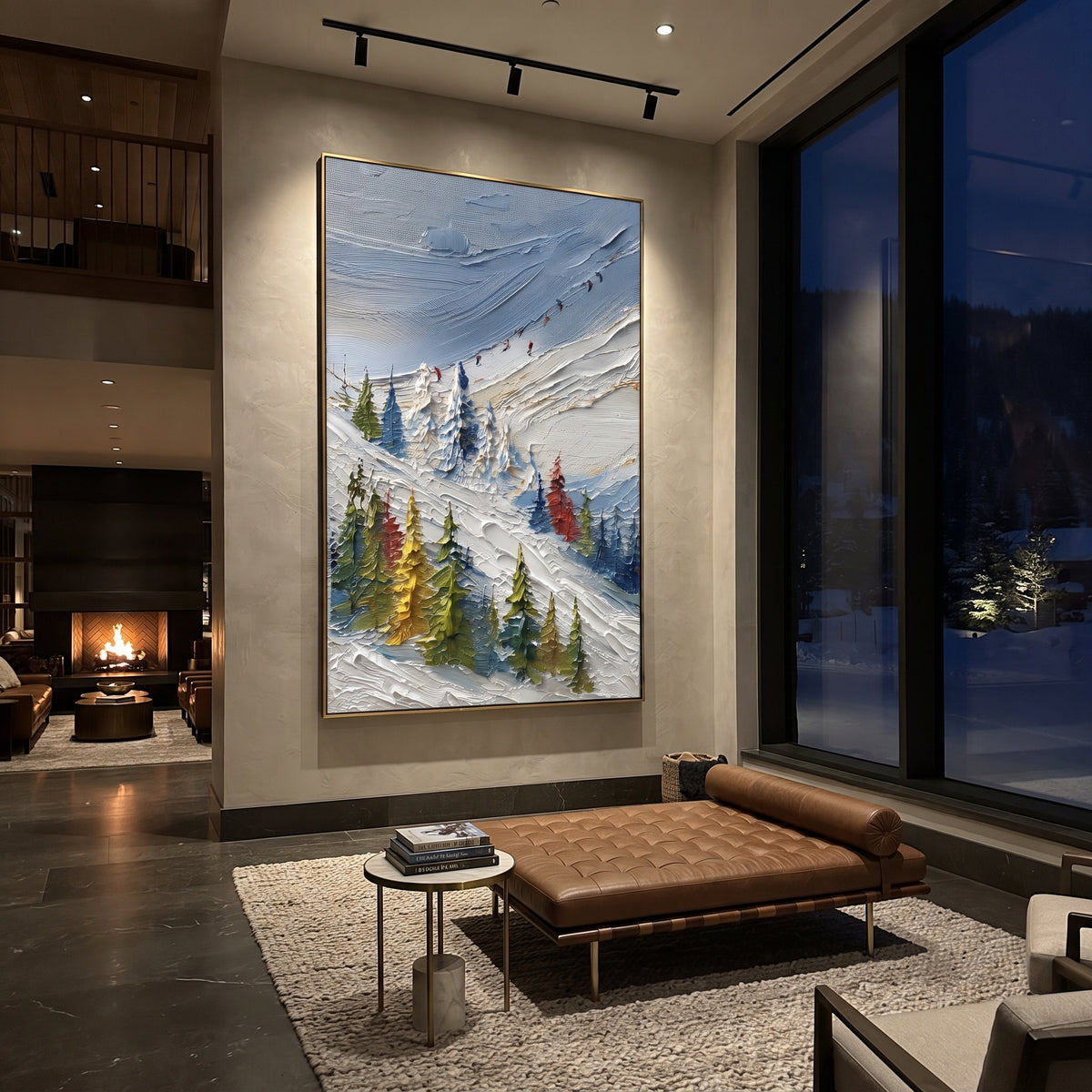 Colored Pine Ski Trail focuses on a diagonal snow trail bordered by yellow, green, and red pines. The artwork shows a winter ski scene built from the actual image: visible downhill figures, curved snow tracks, raised ridgelines, and alpine space arranged in a tall composition. The green, blue, white palette gives the piece a cold mountain atmosphere while the thick impasto surface creates shadows along each snowbank, ski line, and textured ridge. This is presented as hand-painted textured canvas