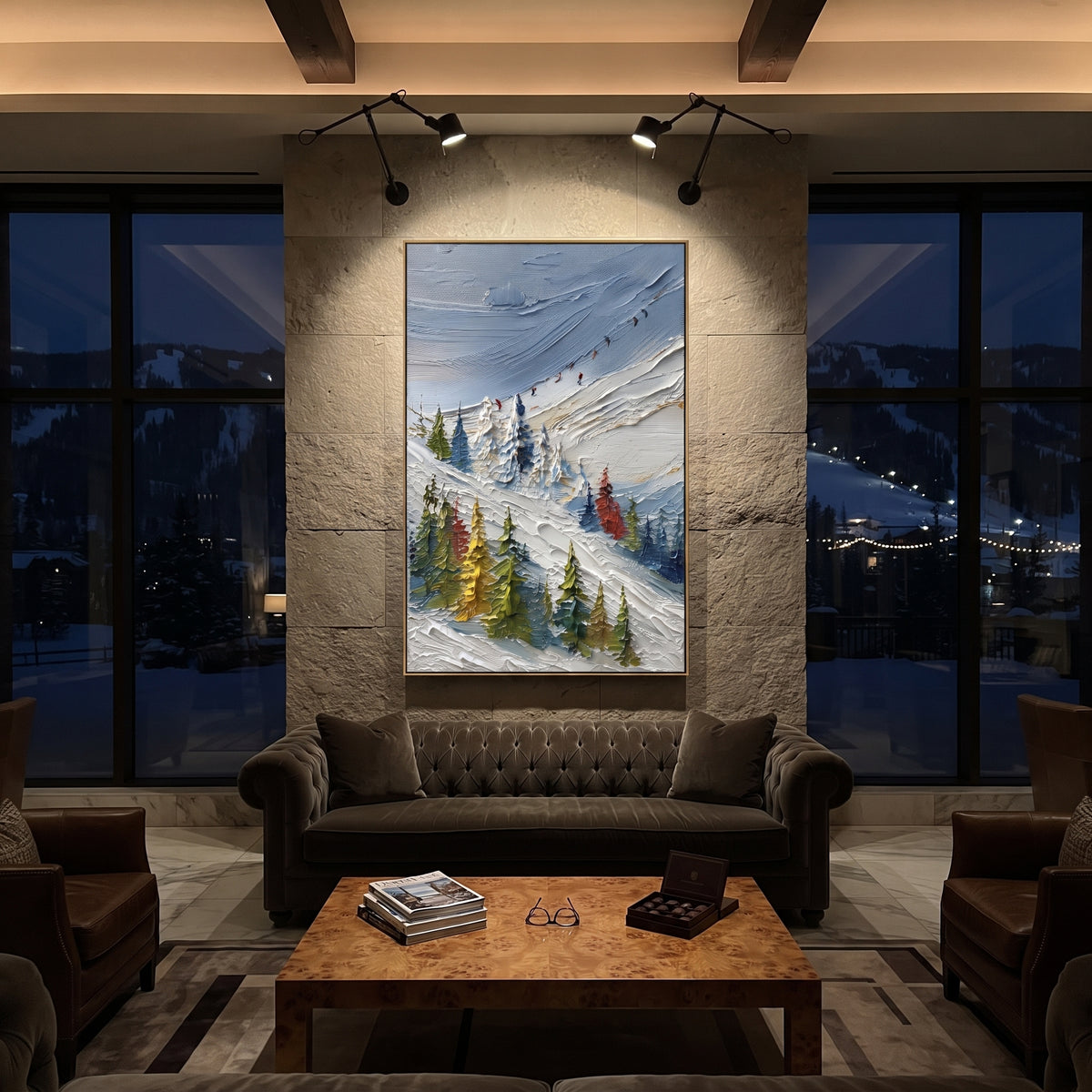 Colored Pine Ski Trail focuses on a diagonal snow trail bordered by yellow, green, and red pines. The artwork shows a winter ski scene built from the actual image: visible downhill figures, curved snow tracks, raised ridgelines, and alpine space arranged in a tall composition. The green, blue, white palette gives the piece a cold mountain atmosphere while the thick impasto surface creates shadows along each snowbank, ski line, and textured ridge. This is presented as hand-painted textured canvas
