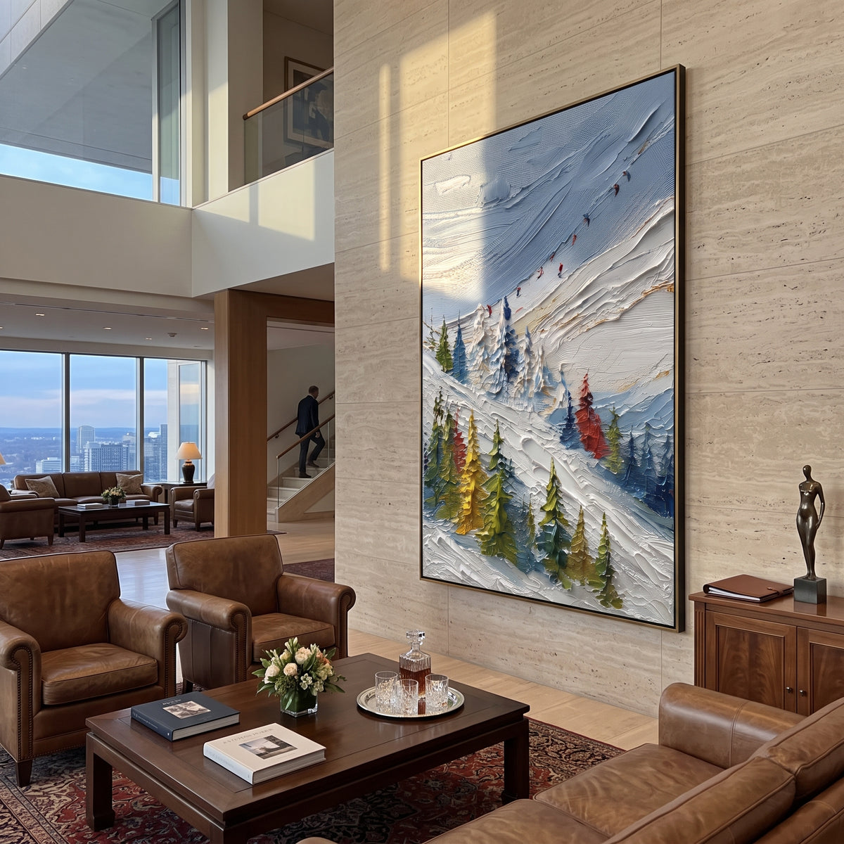 Colored Pine Ski Trail focuses on a diagonal snow trail bordered by yellow, green, and red pines. The artwork shows a winter ski scene built from the actual image: visible downhill figures, curved snow tracks, raised ridgelines, and alpine space arranged in a tall composition. The green, blue, white palette gives the piece a cold mountain atmosphere while the thick impasto surface creates shadows along each snowbank, ski line, and textured ridge. This is presented as hand-painted textured canvas