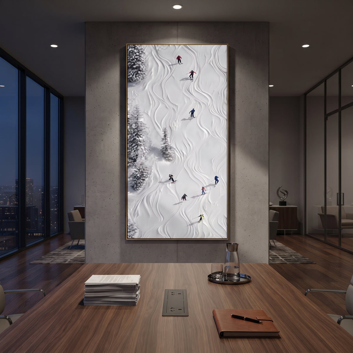 Summit Alpine Descent focuses on a forest-framed ski descent with clustered pines and winding carved tracks. The artwork shows a winter ski scene built from the actual image: visible downhill figures, curved snow tracks, raised ridgelines, and alpine space arranged in a tall composition. The white, green, blue palette gives the piece a cold mountain atmosphere while the thick impasto surface creates shadows along each snowbank, ski line, and textured ridge. This is presented as hand-painted
