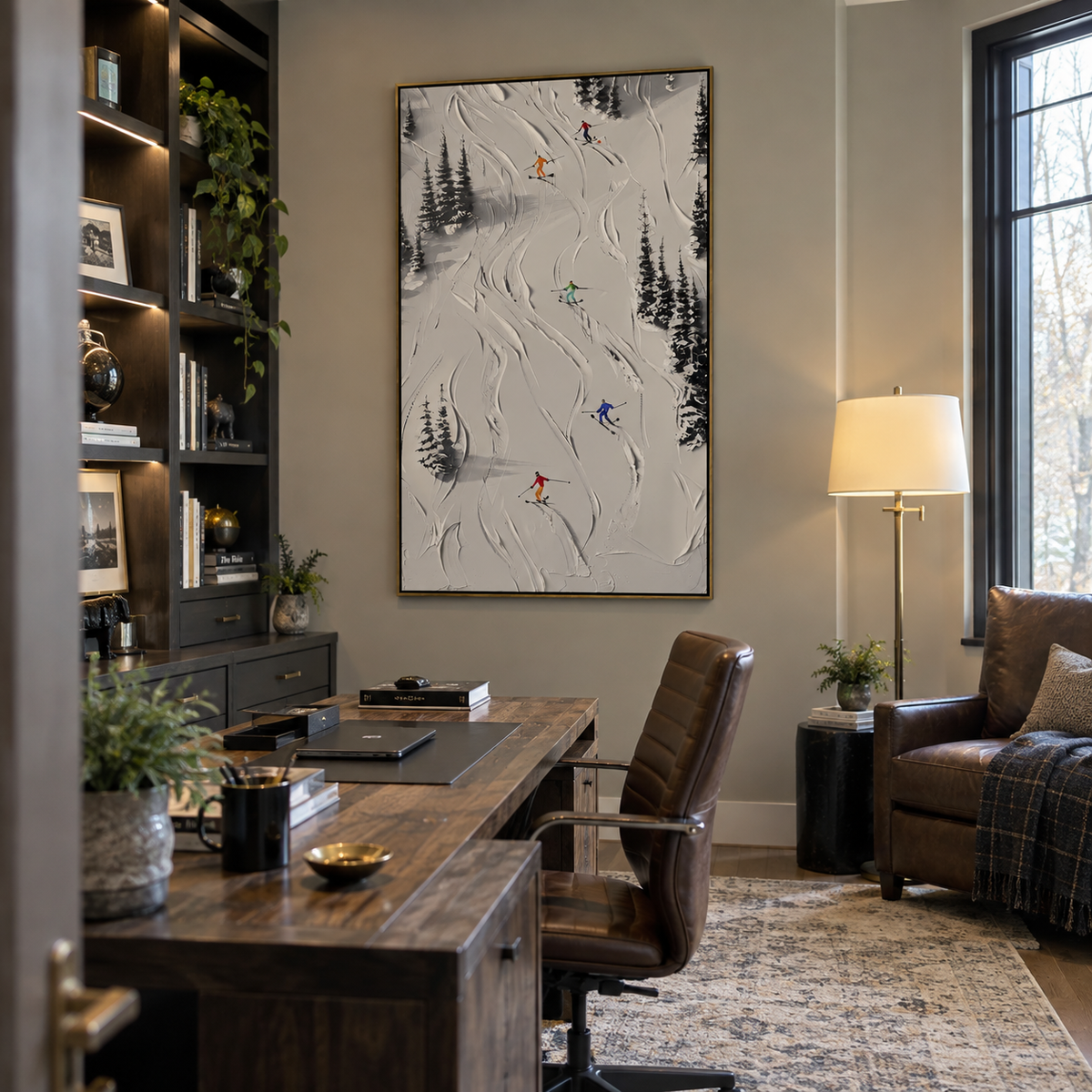 Pine Texture Run focuses on a calm mountain basin with crisp tracks, snow shelves, and small skiers. The artwork shows a winter ski scene built from the actual image: visible downhill figures, curved snow tracks, raised ridgelines, and alpine space arranged in a tall composition. The white, black, gray palette gives the piece a cold mountain atmosphere while the thick impasto surface creates shadows along each snowbank, ski line, and textured ridge. This is presented as hand-painted textured