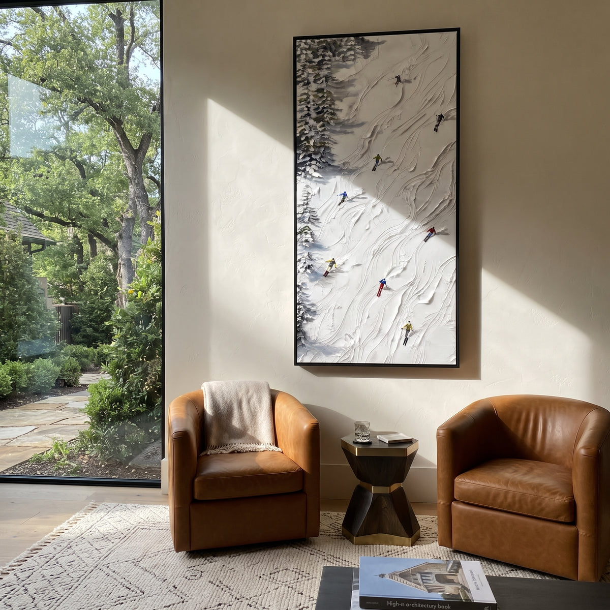 Glacier Ridge Skiers focuses on colored skiers crossing raised white snow tracks between dark pine edges. The artwork shows a winter ski scene built from the actual image: visible downhill figures, curved snow tracks, raised ridgelines, and alpine space arranged in a tall composition. The white, beige, blue palette gives the piece a cold mountain atmosphere while the thick impasto surface creates shadows along each snowbank, ski line, and textured ridge. This is presented as hand-painted