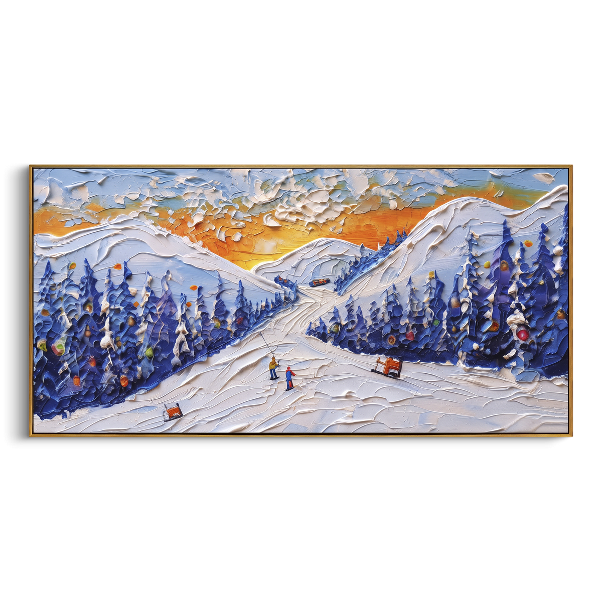 Sunset Resort Ski Road focuses on a sunset ski road between deep blue pines with warm orange sky and small red cabins. The artwork shows a winter ski scene built from the actual image: visible downhill figures, curved snow tracks, raised ridgelines, and alpine space arranged in a wide composition. The orange, blue, white palette gives the piece a cold mountain atmosphere while the thick impasto surface creates shadows along each snowbank, ski line, and textured ridge. This is presented as
