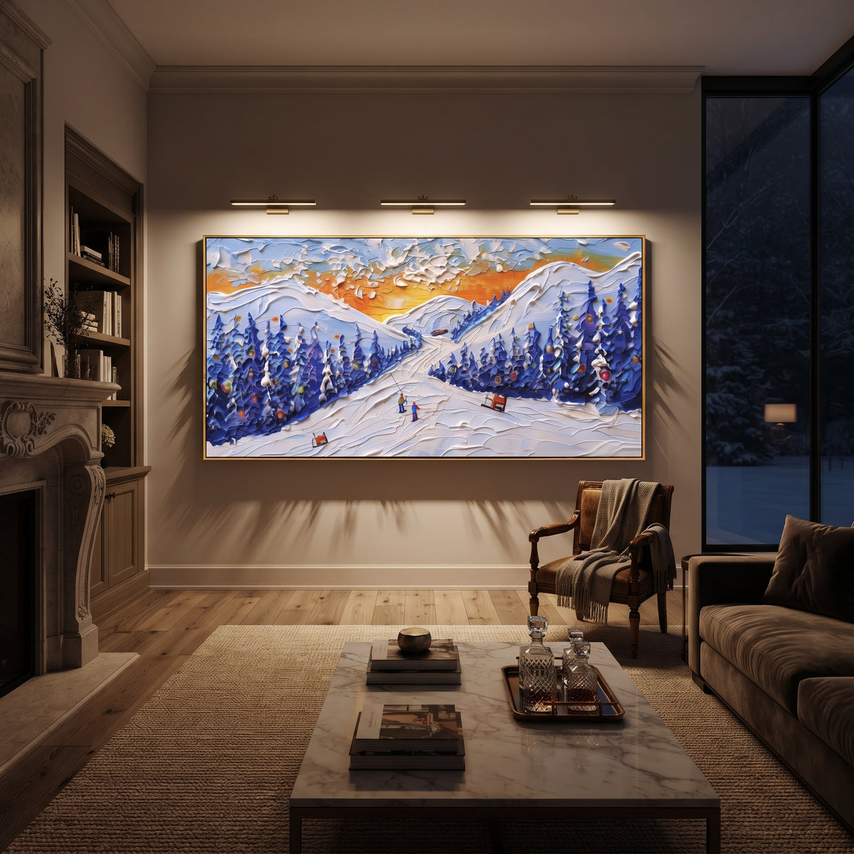 Sunset Resort Ski Road focuses on a sunset ski road between deep blue pines with warm orange sky and small red cabins. The artwork shows a winter ski scene built from the actual image: visible downhill figures, curved snow tracks, raised ridgelines, and alpine space arranged in a wide composition. The orange, blue, white palette gives the piece a cold mountain atmosphere while the thick impasto surface creates shadows along each snowbank, ski line, and textured ridge. This is presented as