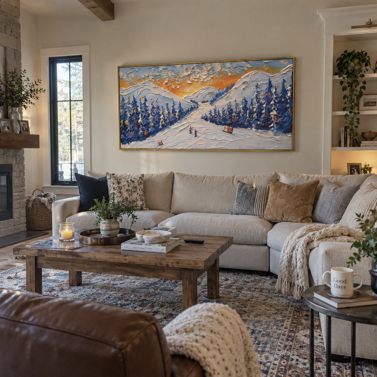 Sunset Resort Ski Road focuses on a sunset ski road between deep blue pines with warm orange sky and small red cabins. The artwork shows a winter ski scene built from the actual image: visible downhill figures, curved snow tracks, raised ridgelines, and alpine space arranged in a wide composition. The orange, blue, white palette gives the piece a cold mountain atmosphere while the thick impasto surface creates shadows along each snowbank, ski line, and textured ridge. This is presented as