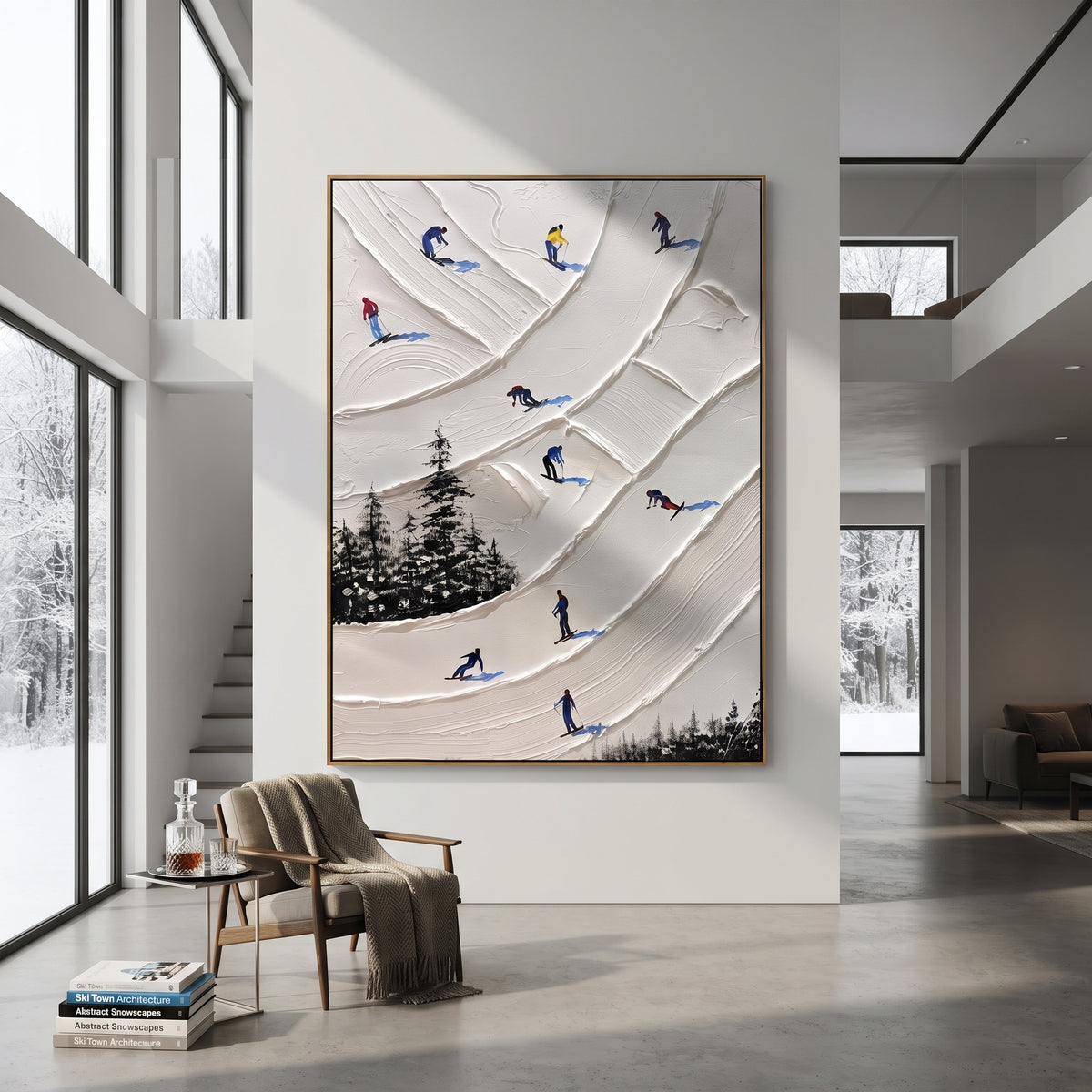 Ridge Snow Corridors focuses on a forest-framed ski descent with clustered pines and winding carved tracks. The artwork shows a winter ski scene built from the actual image: visible downhill figures, curved snow tracks, raised ridgelines, and alpine space arranged in a tall composition. The white, blue, gray palette gives the piece a cold mountain atmosphere while the thick impasto surface creates shadows along each snowbank, ski line, and textured ridge. This is presented as hand-painted