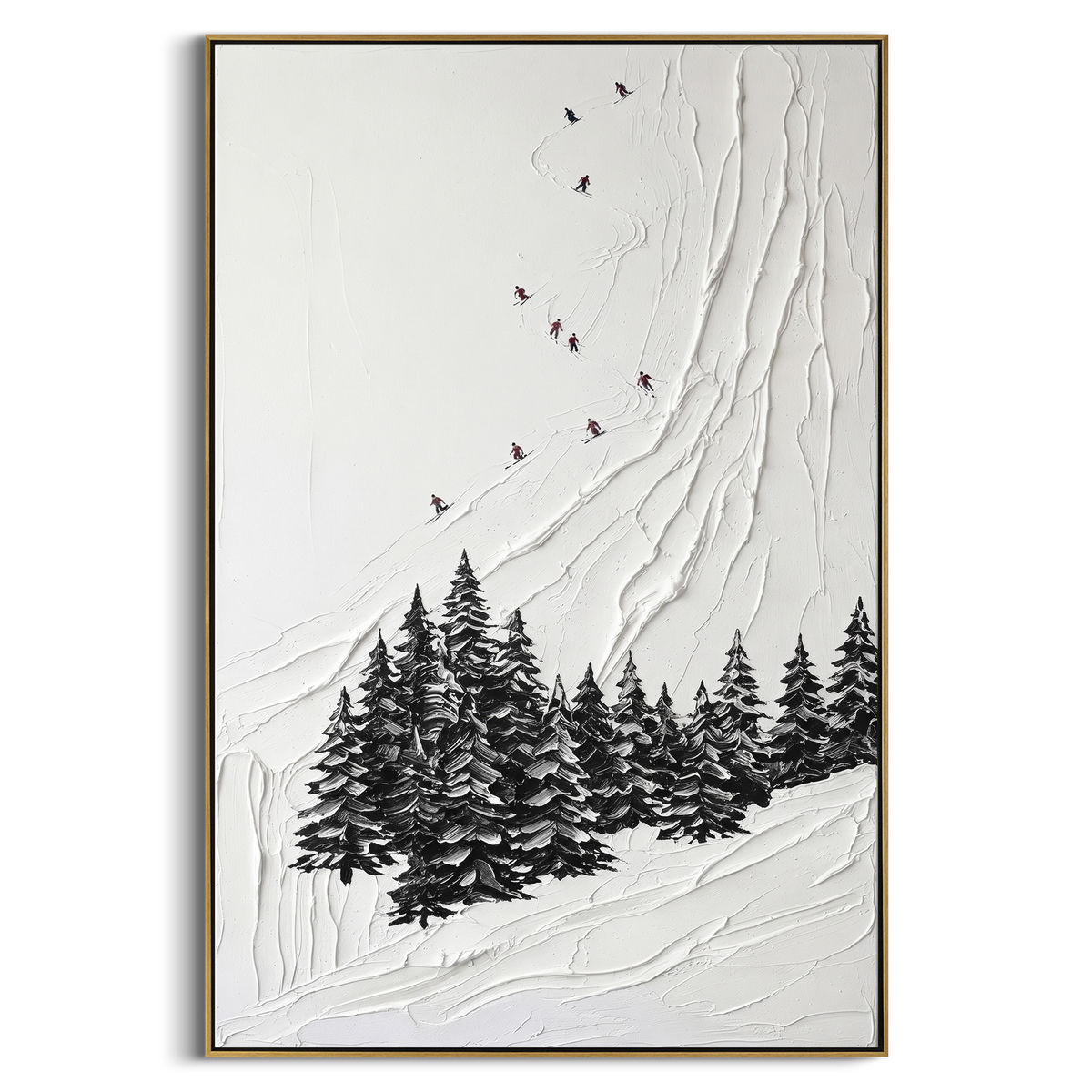 White Snow Trail focuses on a calm mountain basin with crisp tracks, snow shelves, and small skiers. The artwork shows a winter ski scene built from the actual image: visible downhill figures, curved snow tracks, raised ridgelines, and alpine space arranged in a tall composition. The white, gray, blue palette gives the piece a cold mountain atmosphere while the thick impasto surface creates shadows along each snowbank, ski line, and textured ridge. This is presented as hand-painted textured