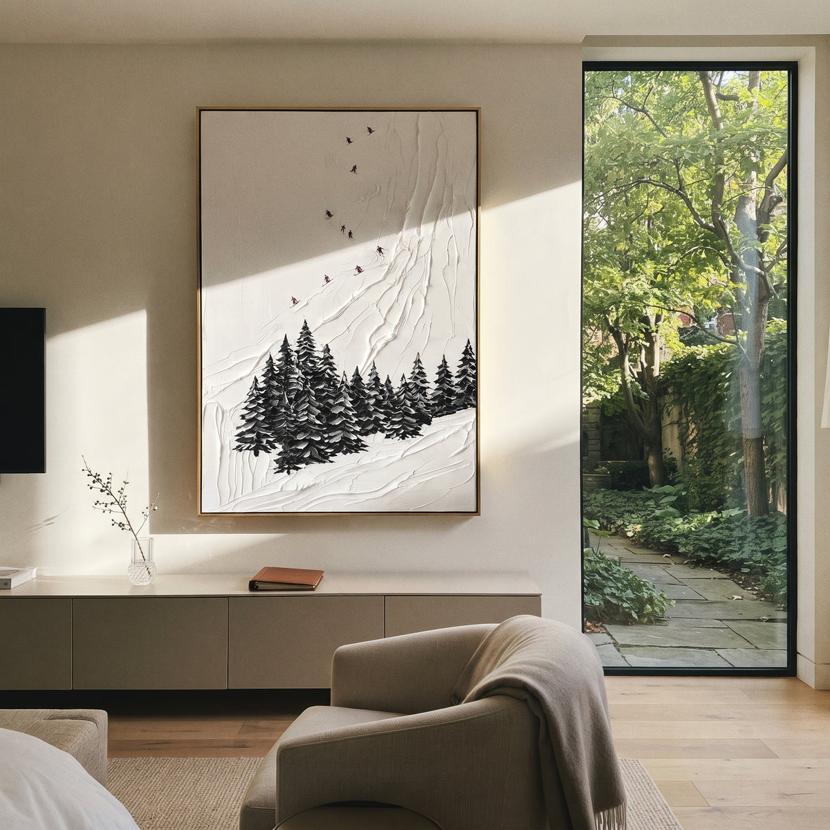 White Snow Trail focuses on a calm mountain basin with crisp tracks, snow shelves, and small skiers. The artwork shows a winter ski scene built from the actual image: visible downhill figures, curved snow tracks, raised ridgelines, and alpine space arranged in a tall composition. The white, gray, blue palette gives the piece a cold mountain atmosphere while the thick impasto surface creates shadows along each snowbank, ski line, and textured ridge. This is presented as hand-painted textured
