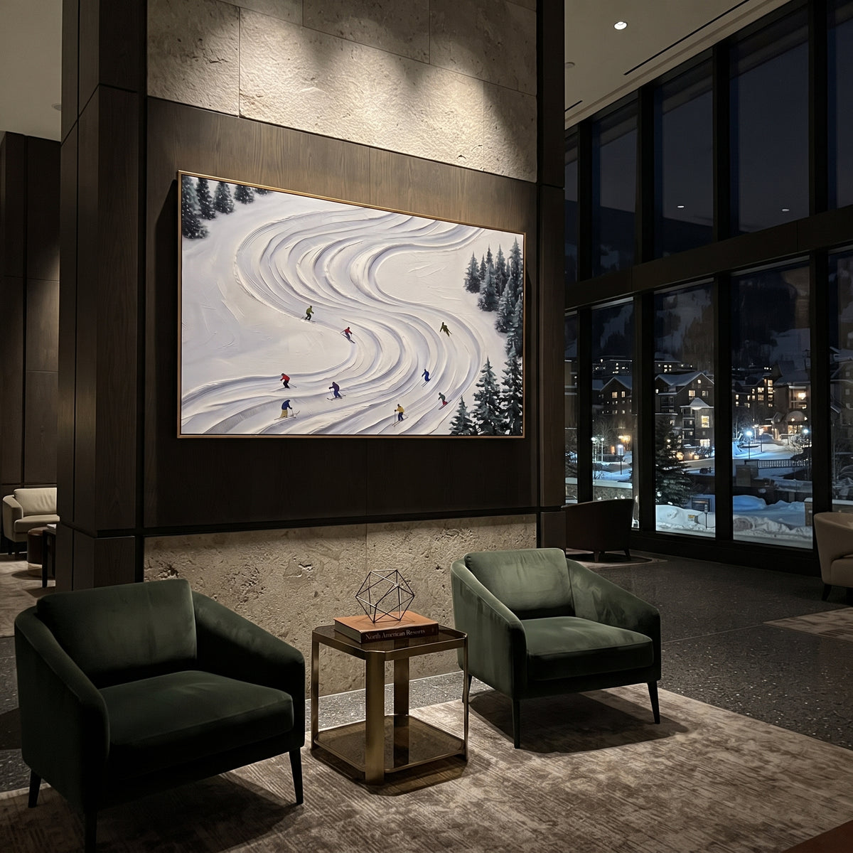 Blue Mountain Run focuses on a high alpine trail where tiny figures pass between textured snowbanks. The artwork shows a winter ski scene built from the actual image: visible downhill figures, curved snow tracks, raised ridgelines, and alpine space arranged in a wide composition. The white, gray, blue palette gives the piece a cold mountain atmosphere while the thick impasto surface creates shadows along each snowbank, ski line, and textured ridge. This is presented as hand-painted textured